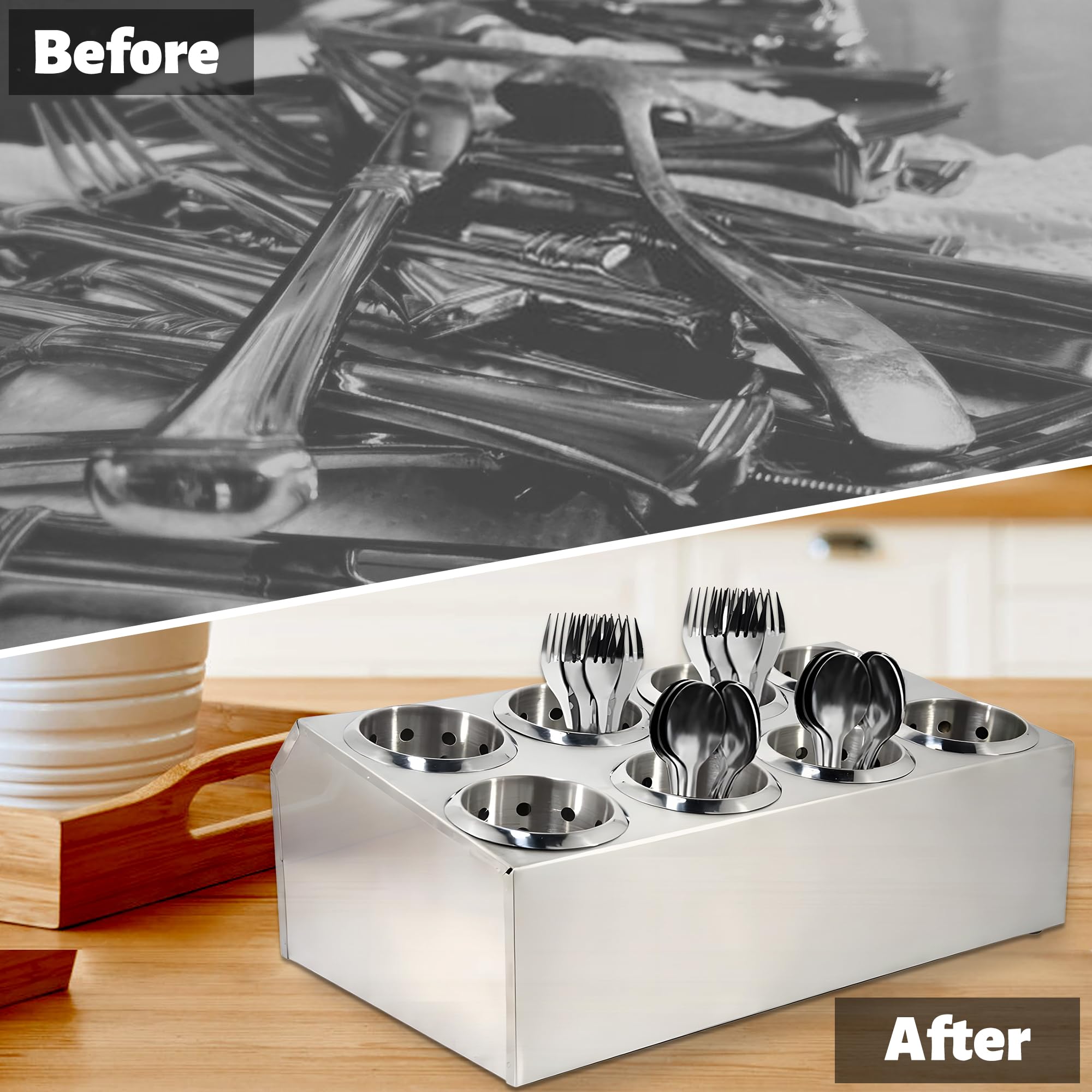 Stainless Steel 8-Hole Flatware Holder - Commercial Utensil Storage Caddy & Drying Rack - Countertop Silverware Organizer for Restaurants, Hotels, Buffets - Perfect for Kitchen, Dining Room, and Food Service Areas