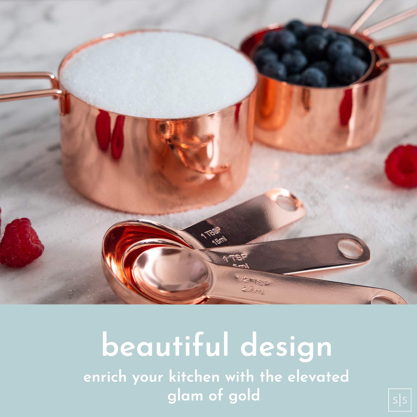 White and Copper Utensil Holder with 8-Piece Measuring Cups & Spoons Set - Elegant Rose Gold Kitchen Organizer for Baking, Cooking, and Countertop Storage | Perfect for Home Chefs and Gift Giving