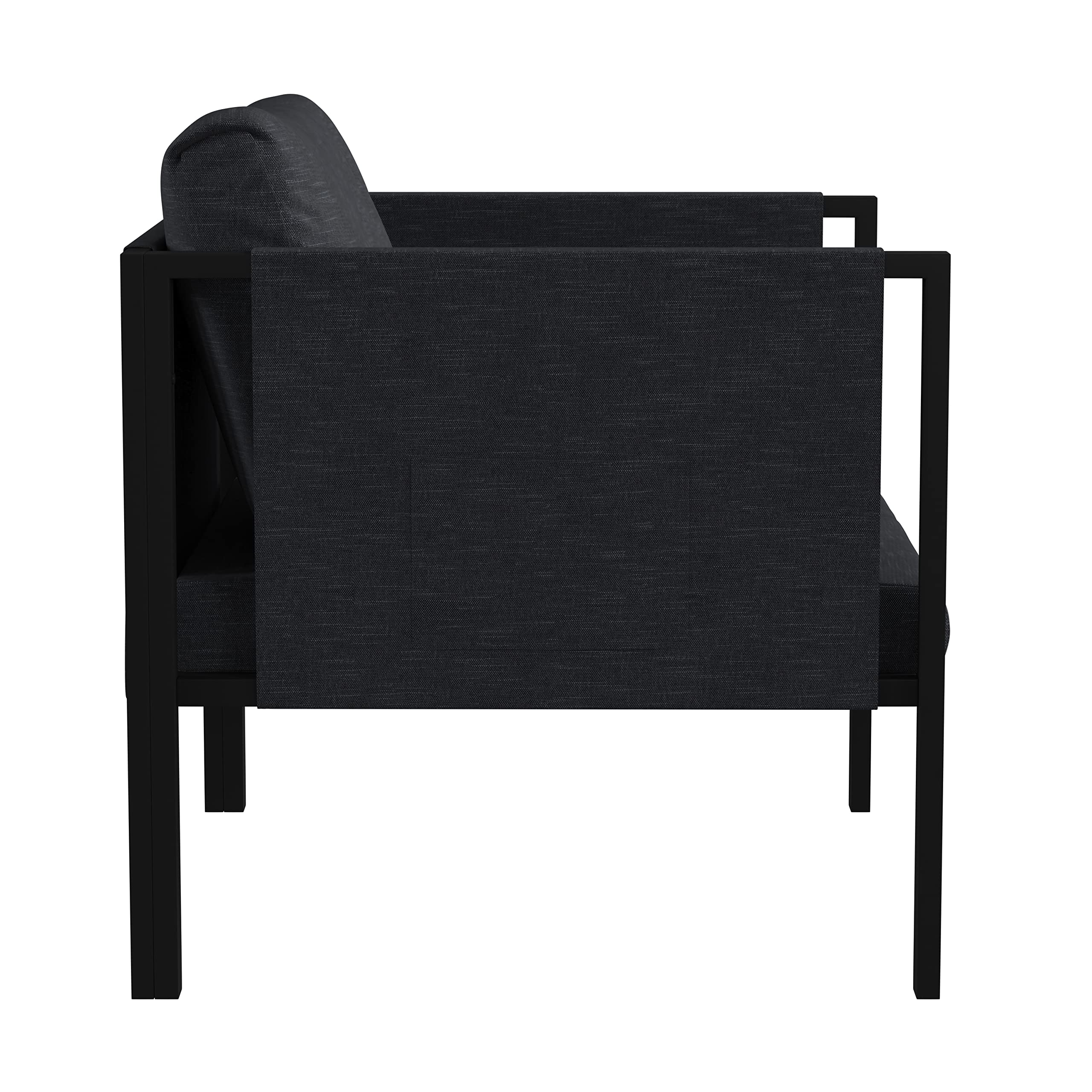 Emma & Oliver Adelina Indoor/Outdoor Patio Lounge Chair - Black Steel Frame with Charcoal Cushions & 2 Storage Pockets - Perfect for Living Room, Balcony, Garden & Poolside Relaxation