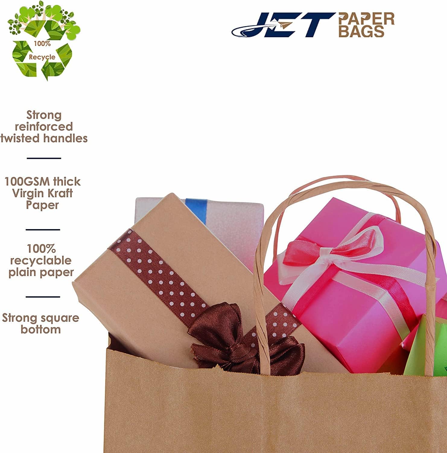 JET PAPER BAGS - 16x6x12 Inches [250 Pack] Large Brown Kraft Paper Bags with Handles for Takeout, Grocery, Retail, Parties, Gifts & Weddings - Eco-Friendly Recyclable Gift Bags - Perfect for Food Delivery, Shopping, Birthday Favors & Wedding Decorations