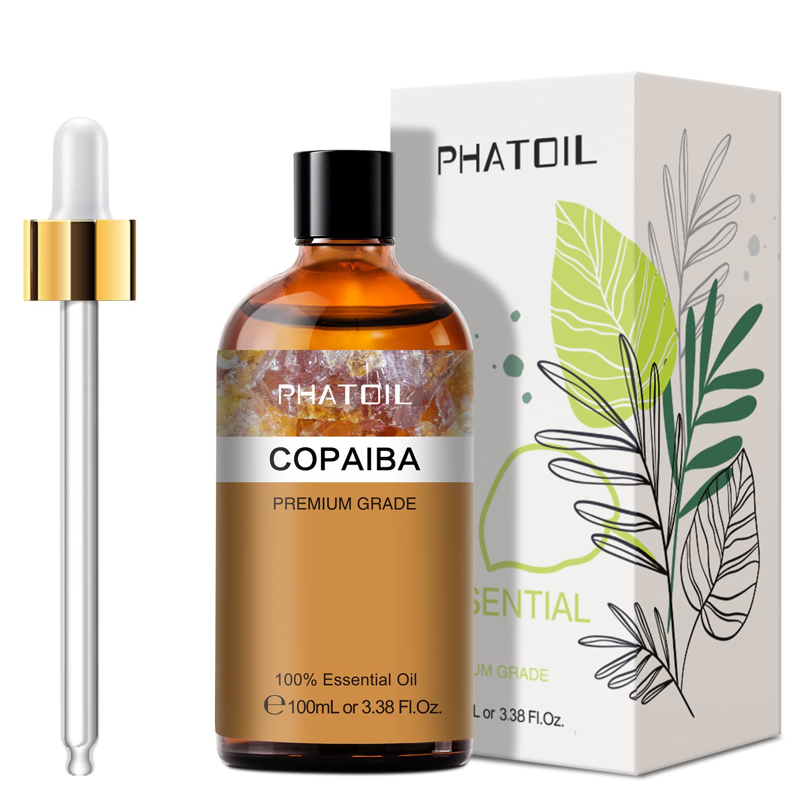 Pure Copaiba Essential Oil 3.38 fl oz (100ml) - PHATOIL Therapeutic Grade Aromatherapy Oil for Diffusers & Humidifiers - Perfect for DIY Soap Making, Candle Crafting & Bath Bombs - Relaxation, Stress Relief & Home Spa Experience