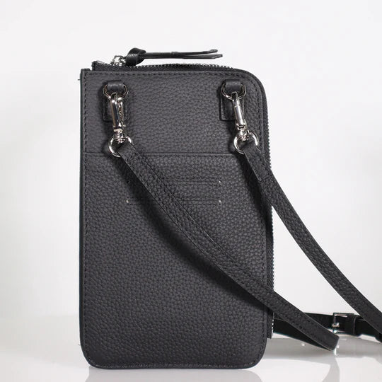 Minx Call Me Black Leather Phone Case Purse - Stylish Crossbody Wallet for iPhone 13/14/15 Pro Max - Perfect for Travel, Shopping & Night Out