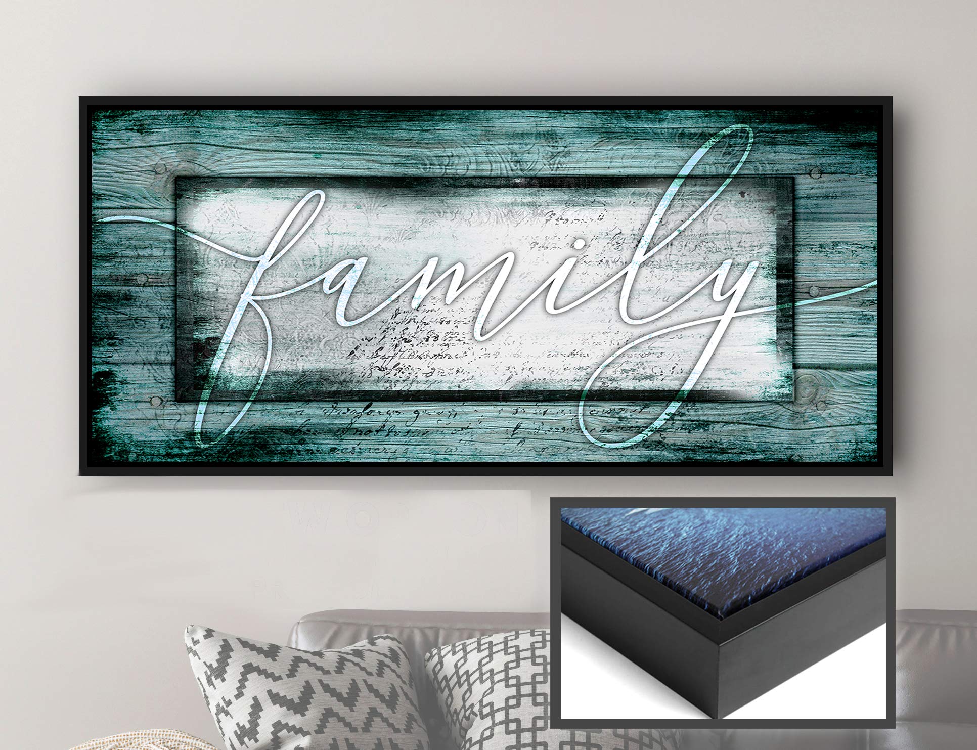 Farmhouse Rustic Framed Canvas Wall Art - Large 42x19 Inch Teal & Black Floating Frame - Family Home Decor for Living Room, Housewarming Gift - Perfect for Farmhouse, Rustic & Modern Interior Design