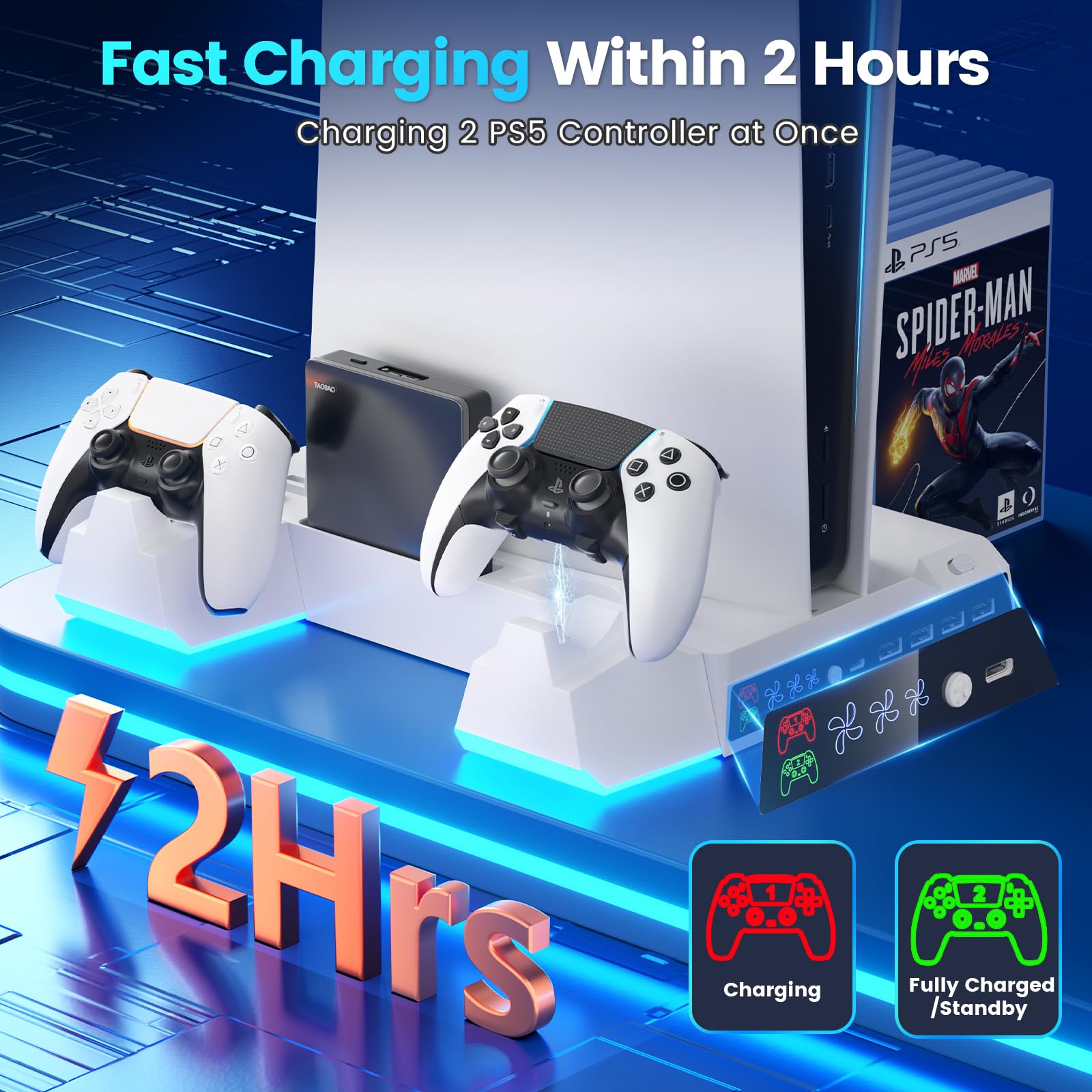 RGB Cooling Stand for PS5/PS5 Slim with LED Lights - PS5 Accessories Includes PS5 Controller Charger, Headset Holder & Vertical Stand - Fast 2-Hour Charging for PS5 Gaming Setup & Entertainment Center