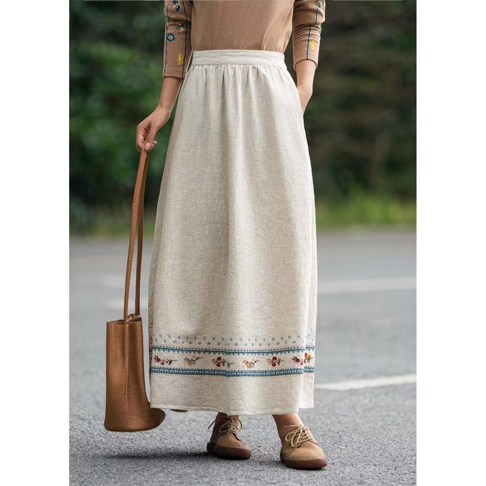 Women's High Waisted A-Line Midi Skirt - Embroidered Linen Retro Skirt for Summer | Casual, Office & Boho Chic Outfits