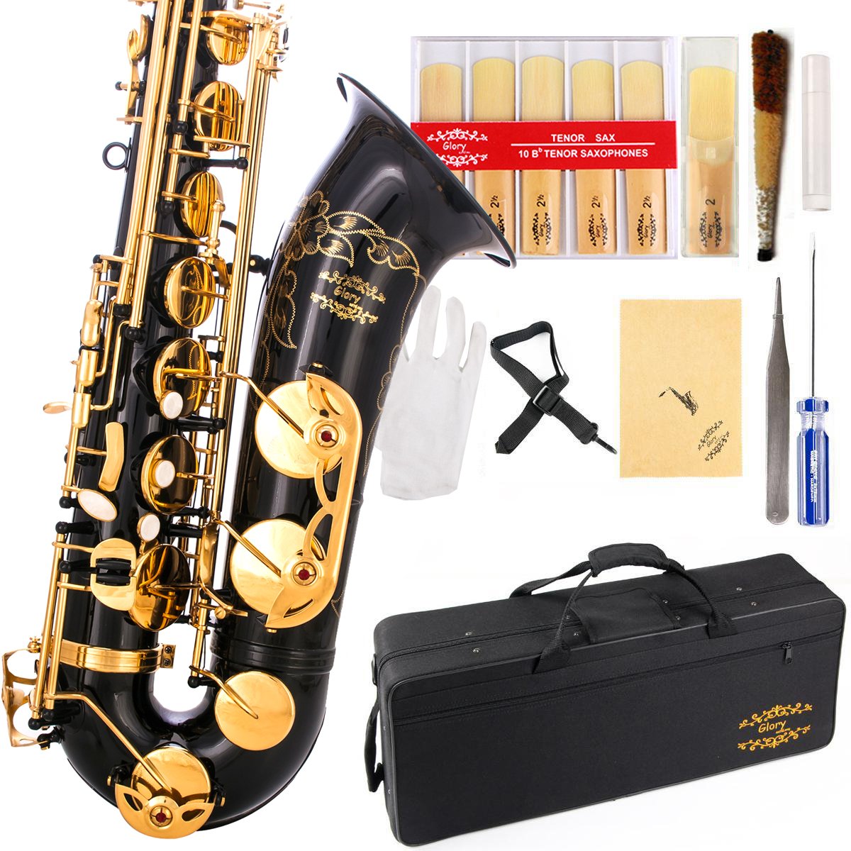 Professional B Flat Tenor Saxophone - Black/Gold Finish with Hard Case, 10pc Reeds, Mouthpiece, Screwdriver, Nipper, Gloves & Cleaning Cloth - Ideal for Beginners, Students & Jazz Performers