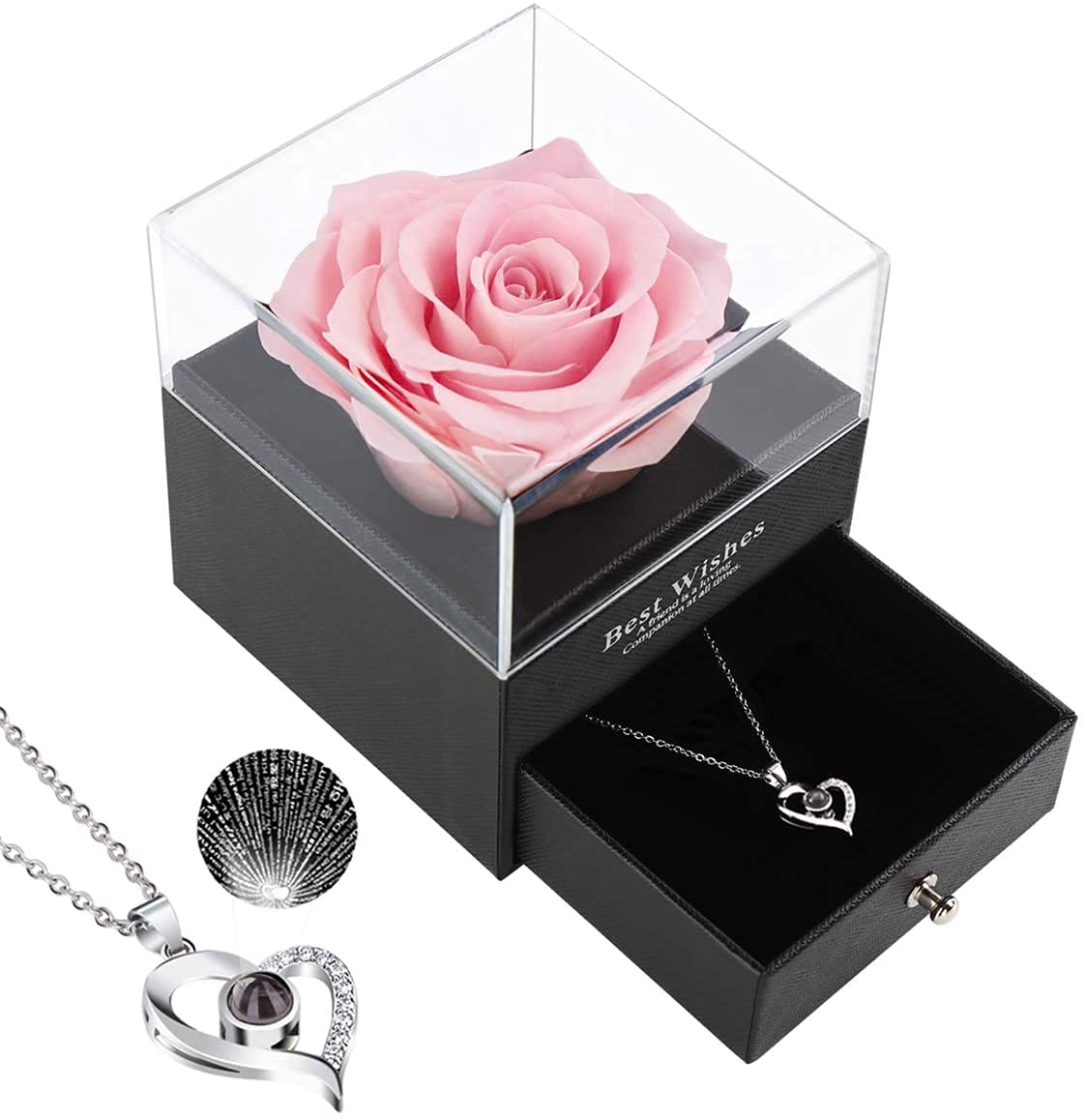 Forever Preserved Real Pink Rose Gift Box with Necklace - Romantic Mother's Day, Birthday Gifts for Mom, Grandma & Women - Perfect for Home & Office Decor