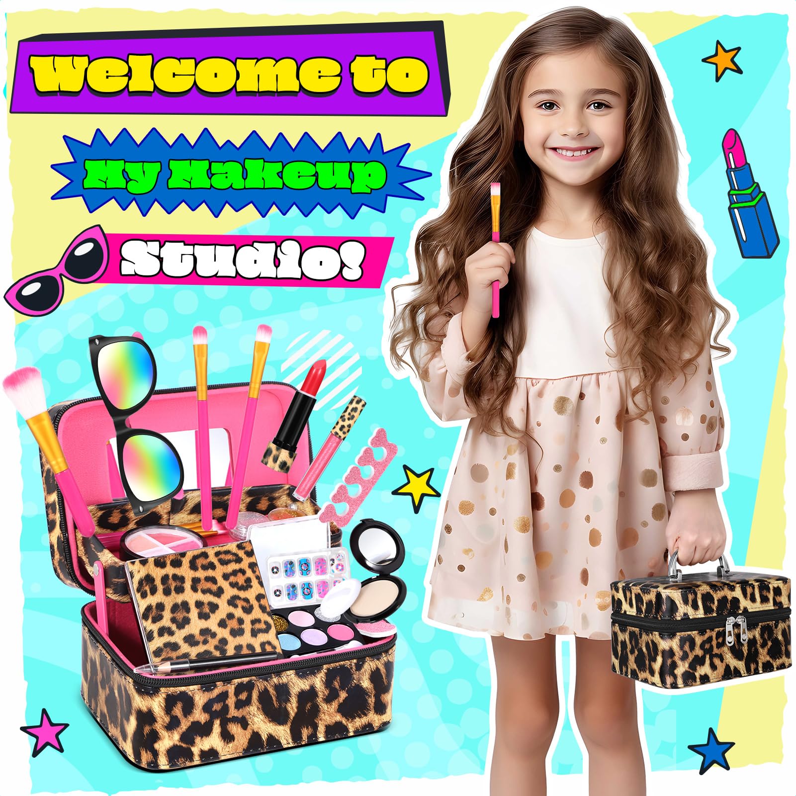 **Washable Kids Makeup Kit for Girls - Double Layer Pretend Play Cosmetic Set, Non-Toxic & Safe Toddler Toys for Ages 3-12 - Perfect Birthday Gift for Little Princesses (Great for Dress-Up, Role Play & Party Fun)**