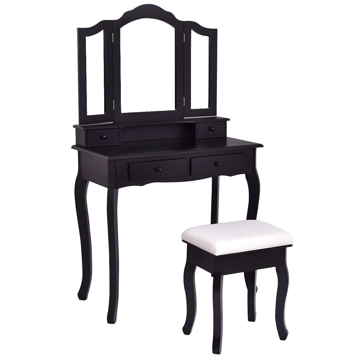 Casart Black Bathroom Vanity Set with Tri-Folding Mirror & Bench - 4 Drawer Dressing Table Makeup Vanity for Home (Perfect for Small Spaces & Bedroom Organization)