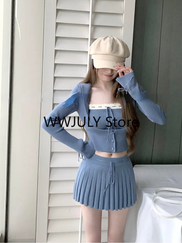 Grey Knitted Suit Set for Women | Y2K Crop Top Sweater & Slim Mini Skirt | Korean Fashion 3-Piece Outfit | Elegant Party Wear | Autumn 2024 Trendy Chic | Perfect for Date Night, Club Outings & Fall Fashion