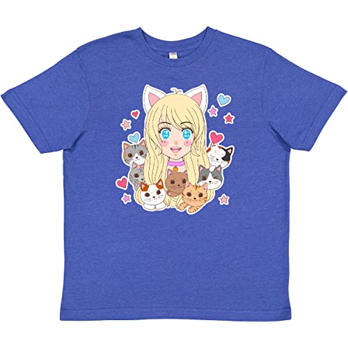 Inktastic Neko Anime Girl with Kittens Youth T-Shirt - Cute Japanese Cat Lover Graphic Tee for Kawaii Fashion & Anime Cosplay