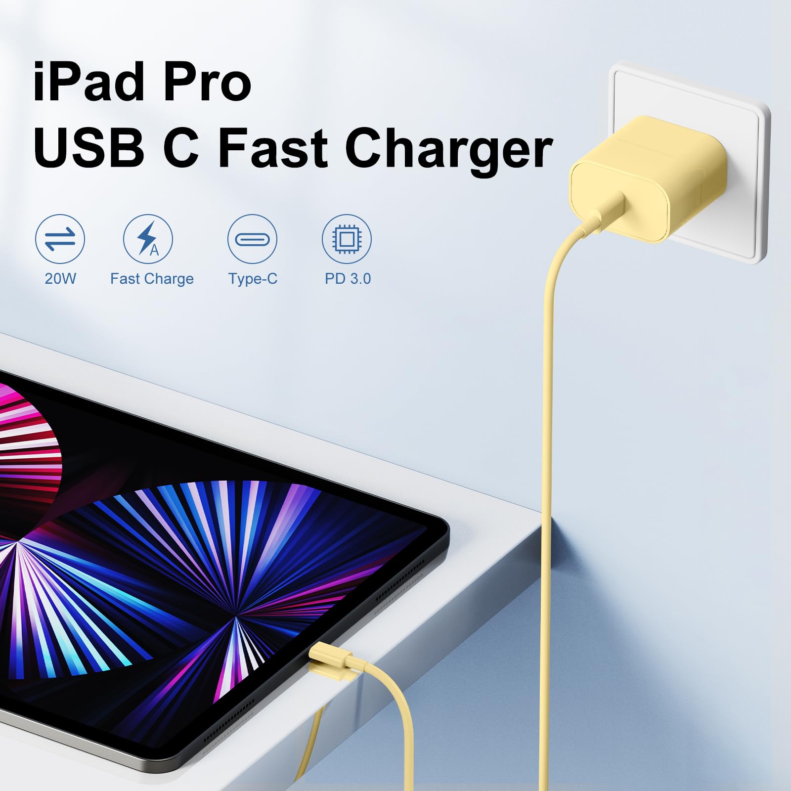 Susnwere 3-Pack 20W Fast USB C Charger with 10ft Cable - Compatible with iPhone 16/15/Pro/Pro Max, iPad Pro, AirPods & Samsung - Quick Charging Wall Adapter for Home, Office & Travel