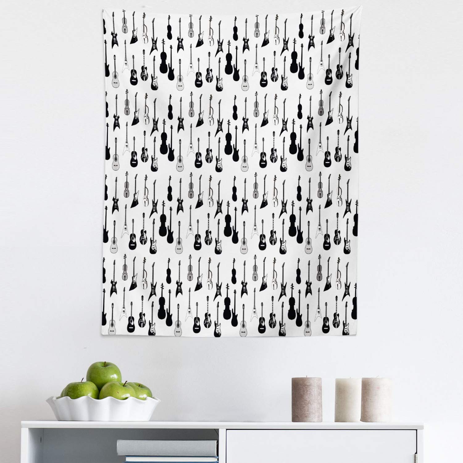 Ambesonne Music Tapestry Wall Art - Black White Grey Monochrome Guitar Cello Violin Design - 23x28 Inch Fabric Wall Hanging for Bedroom, Living Room, Dorm Decor - Perfect for Music Lovers' Home Studio, Band Room or Gift