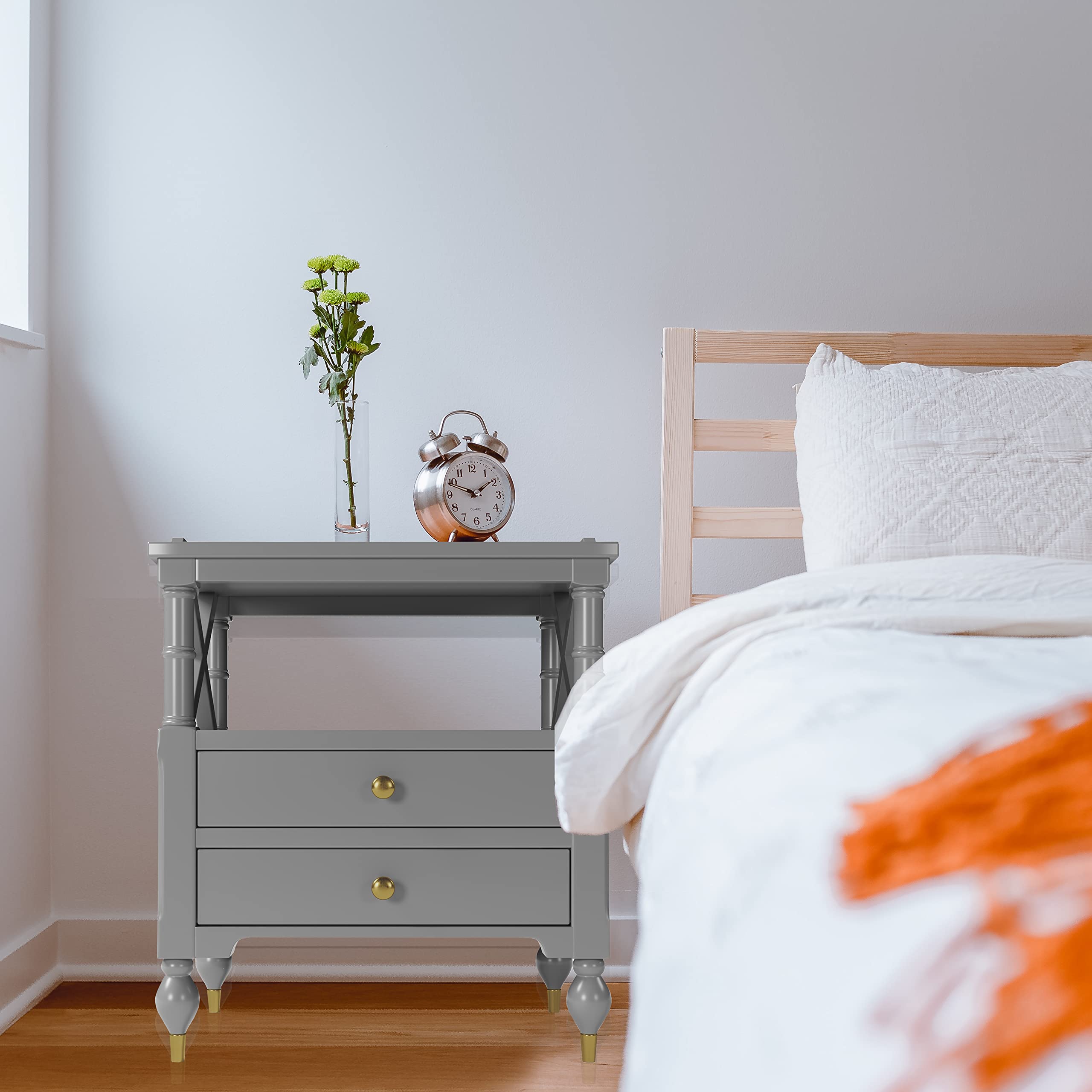 Pine Wood Nightstand with 2 Drawers & Open Storage Shelves - Classic Bedside Table with Gold Round Bun Legs & Metal Handles for Living Room, Bedroom - Perfect for Storing Books, Lamps & Bedroom Essentials