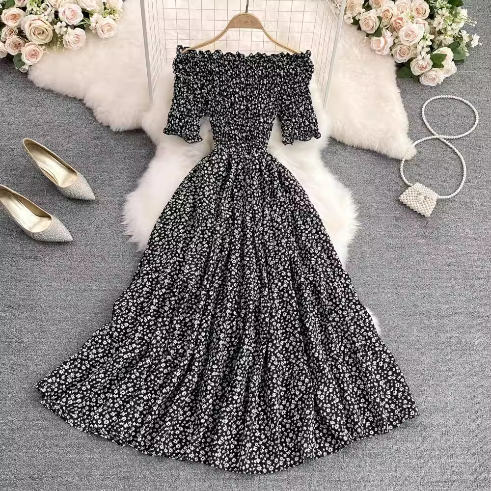 Off Shoulder A-Line Floral Chiffon Dress for Women - Summer Casual Party Beach Wedding Guest Dress - Lightweight Flowy Midi Dress for Date Night & Vacation