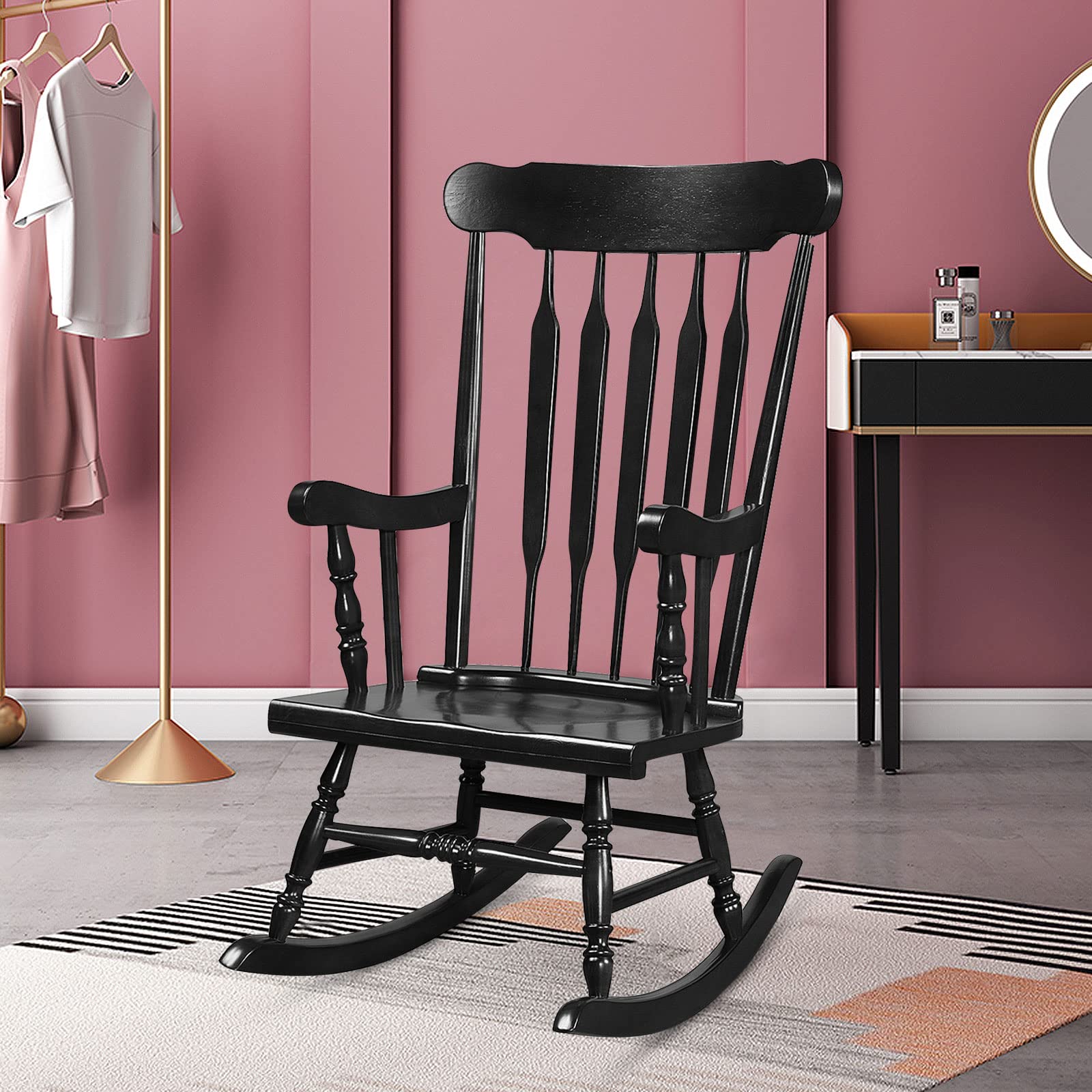 Tangkula Solid Rubber Wood Patio Rocking Chair - Outdoor Porch Rocker with Durable Wood Frame - Indoor/Outdoor Wooden Rocking Chair for Garden, Backyard, Balcony & Living Room (Black) - Perfect for Relaxing, Reading & Enjoying Nature
