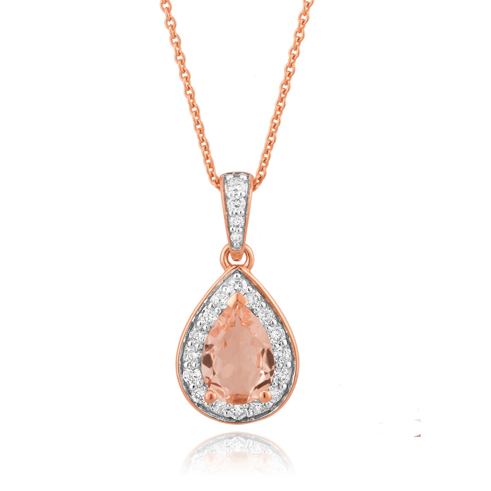 9ct Rose Gold Morganite Pear & 0.15ct Diamond Pendant Necklace - 45cm Chain for Women, Elegant Gift for Anniversary, Valentine's Day & Special Occasions