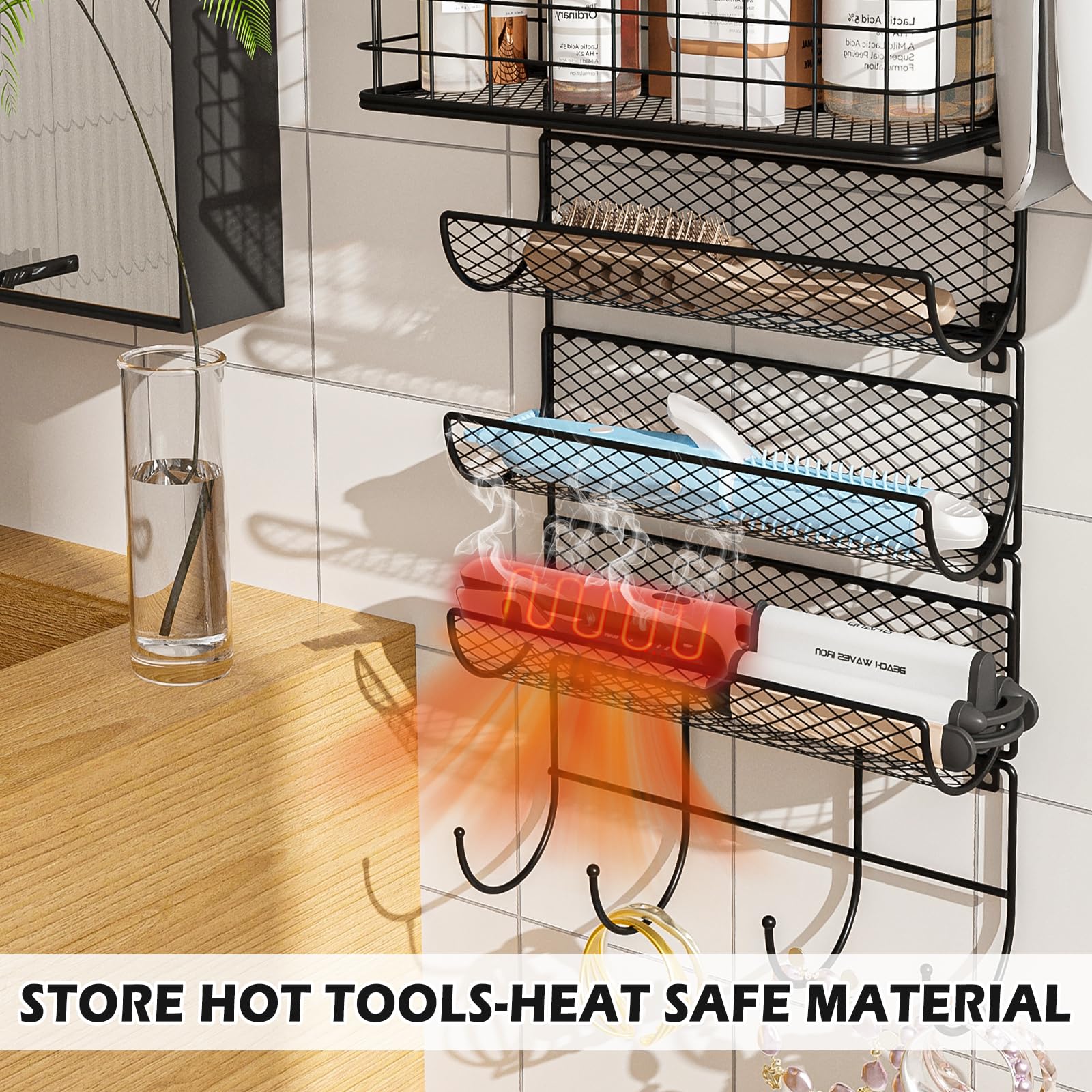 Wall-Mounted Hair Dryer Holder & Styling Tool Organizer - 4-Tier Heat Resistant Storage Rack with Hooks for Hair Straighteners, Curling Wands, Flat Irons & Beauty Products - Perfect for Bathroom, Kitchen & Cabinet Door Organization (Space Saving Solution)