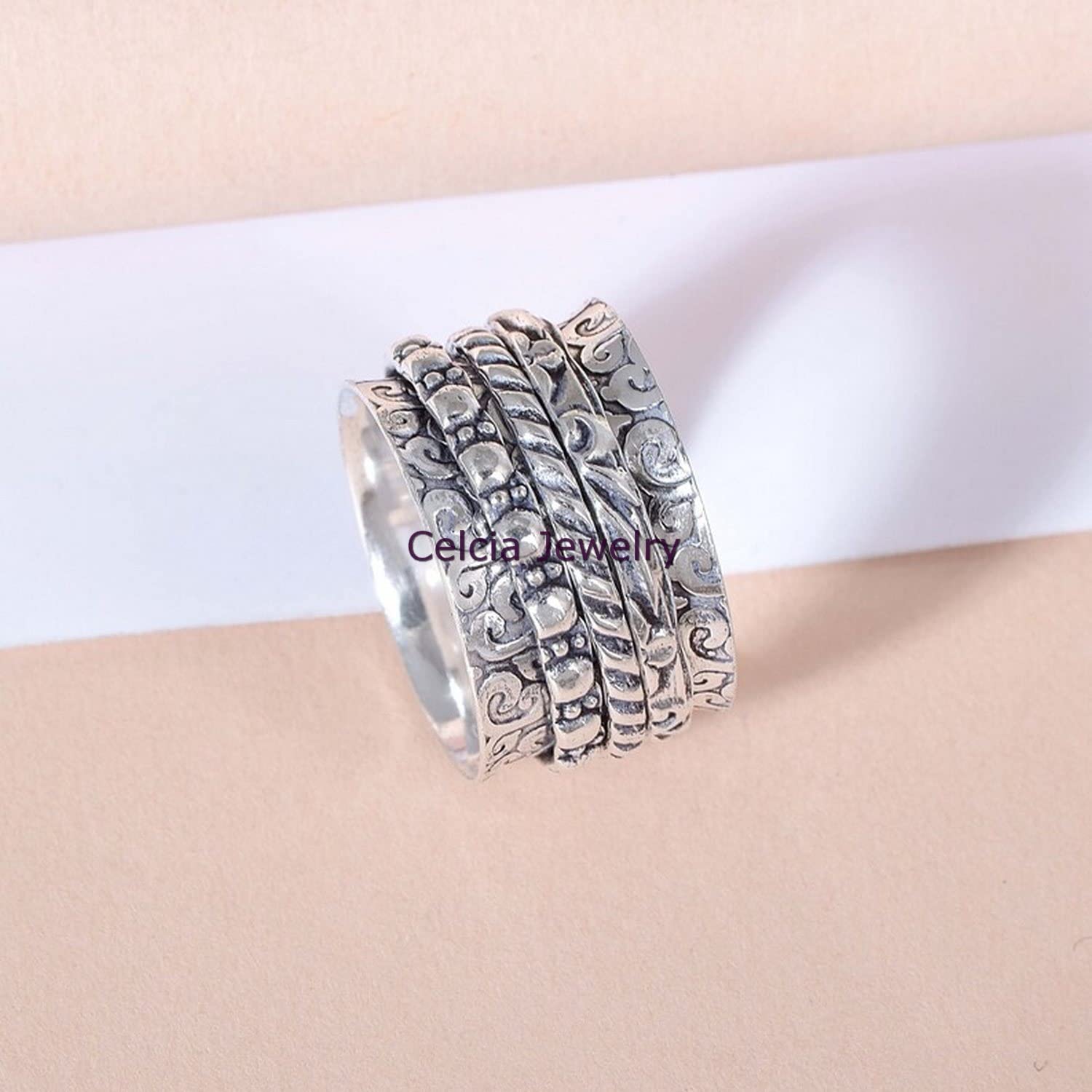 Handcrafted Spinner Ring for Anxiety Relief - Meditation & Fidget Worry Ring - Unique Designer Spinning Band for Stress Relief - Elegant Statement Jewelry for Women (Size 7) - Perfect for Meditation, Office Stress & ADHD Focus Aid