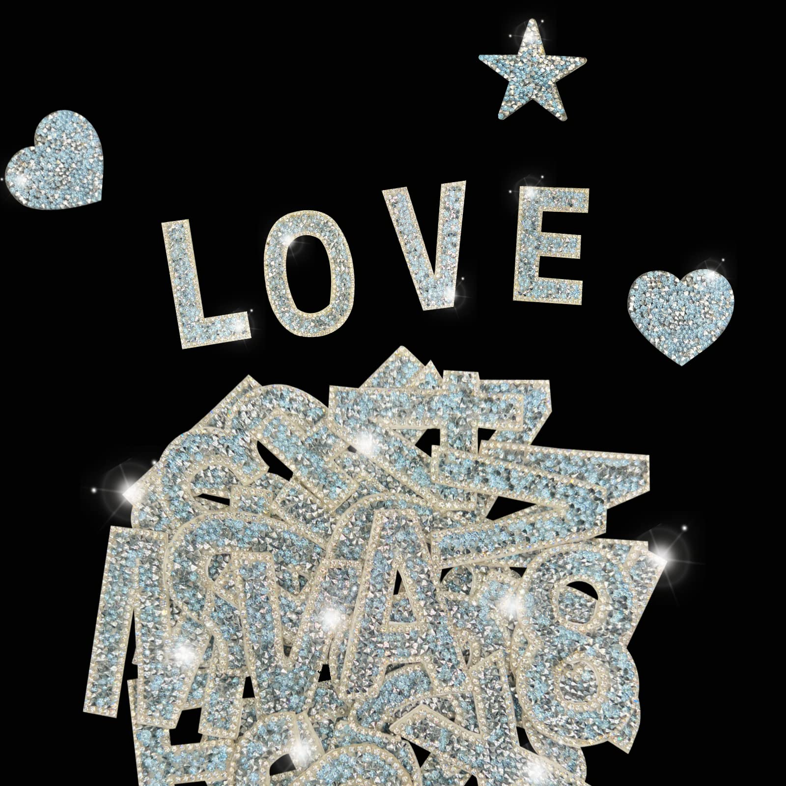 47 Pieces Large Rhinestone Letter Stickers - 26 Self-Adhesive Alphabet Stickers, 10 Crystal Number Stickers with Heart Designs for DIY Decorations on Clothing, Jeans, Caps, Shoes & Bags (Baby Blue) - Perfect for Crafting, Scrapbooking & Personalizing Fashion Accessories