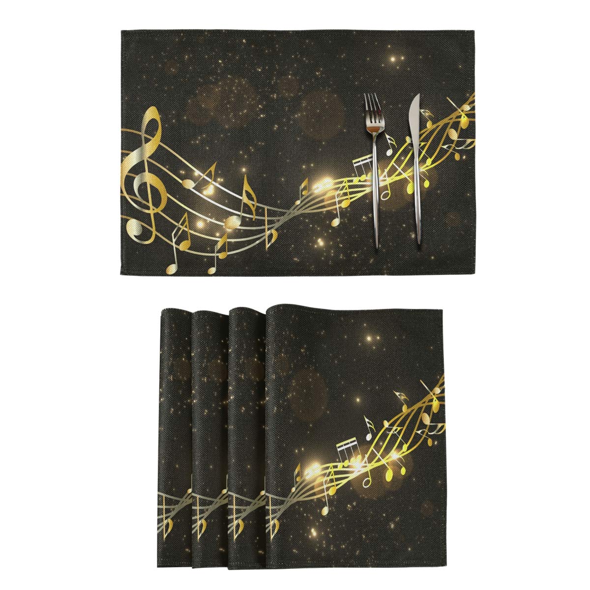 4-Pack Music Notes Double-Sided Placemats - Heat Resistant & Non-Slip Table Mats for Kitchen & Dining Room Decor - Durable Polyester Washable Placemats for Everyday Use, Parties & Holiday Dining