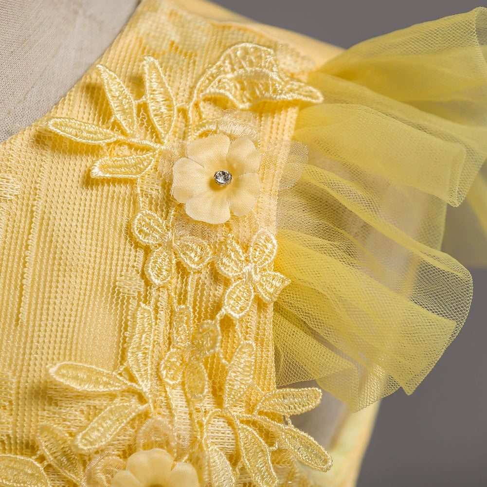 Elegant Yellow A-Line Round Floor-Length Lace Flower Girl Dress for Weddings, Baptisms & Special Occasions