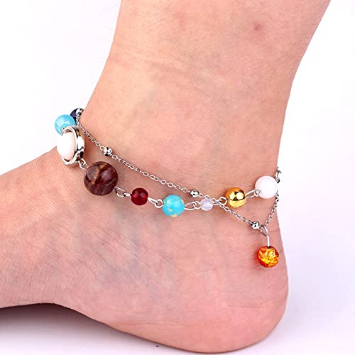 Sttiafay Solar System Anklet - Silver Plated Eight Planets Beaded Ankle Bracelet with Charms | Trendy Layered Foot Jewelry for Women & Girls | Perfect for Beach Outfits, Summer Fashion & Boho Style