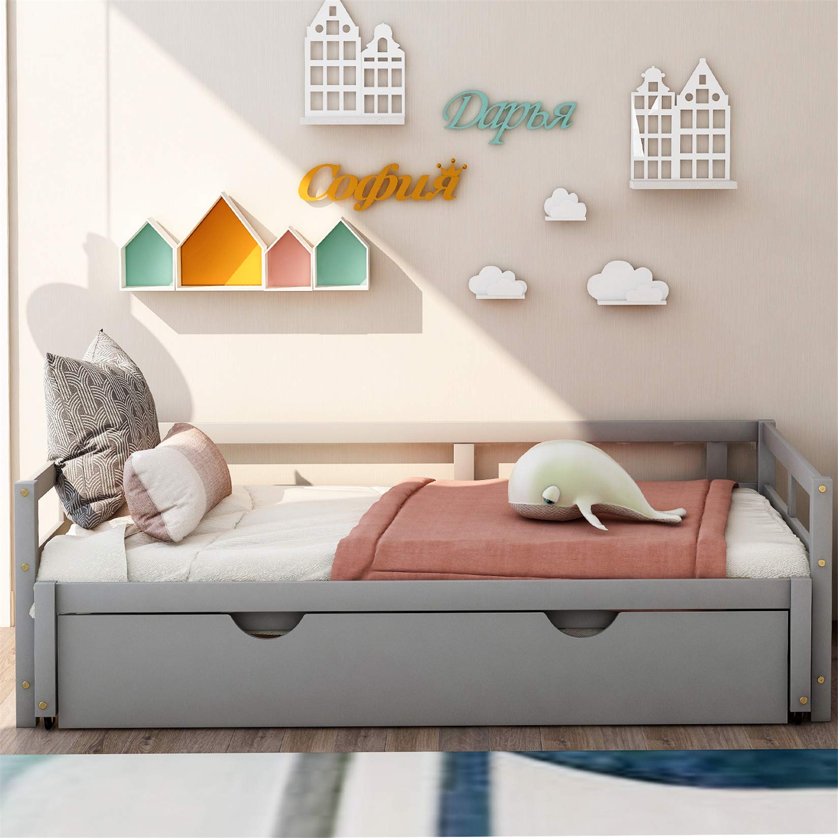 Twin to King Daybed with Trundle - Wooden Extendable Sofa Bed for Bedroom & Living Room - Space Saving Gray Daybed (Perfect for Guest Rooms, Small Apartments & Multi-Purpose Spaces)
