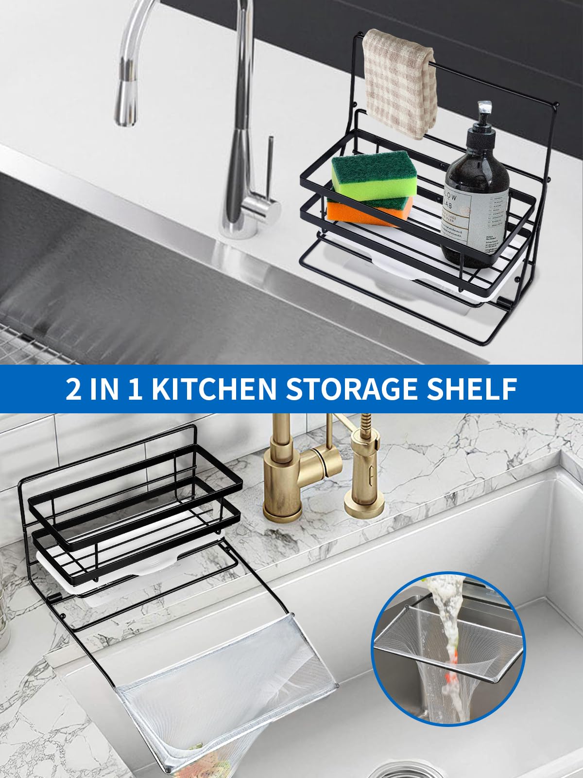 EBANKU 3-in-1 Kitchen Sink Organizer - Stainless Steel Sponge Holder, Food Waste Strainer Basket & Dish Rack with 100Pcs Net - Rustproof 304 Steel for Easy Cleaning - Perfect for Kitchen Sink Organization & Dishwashing