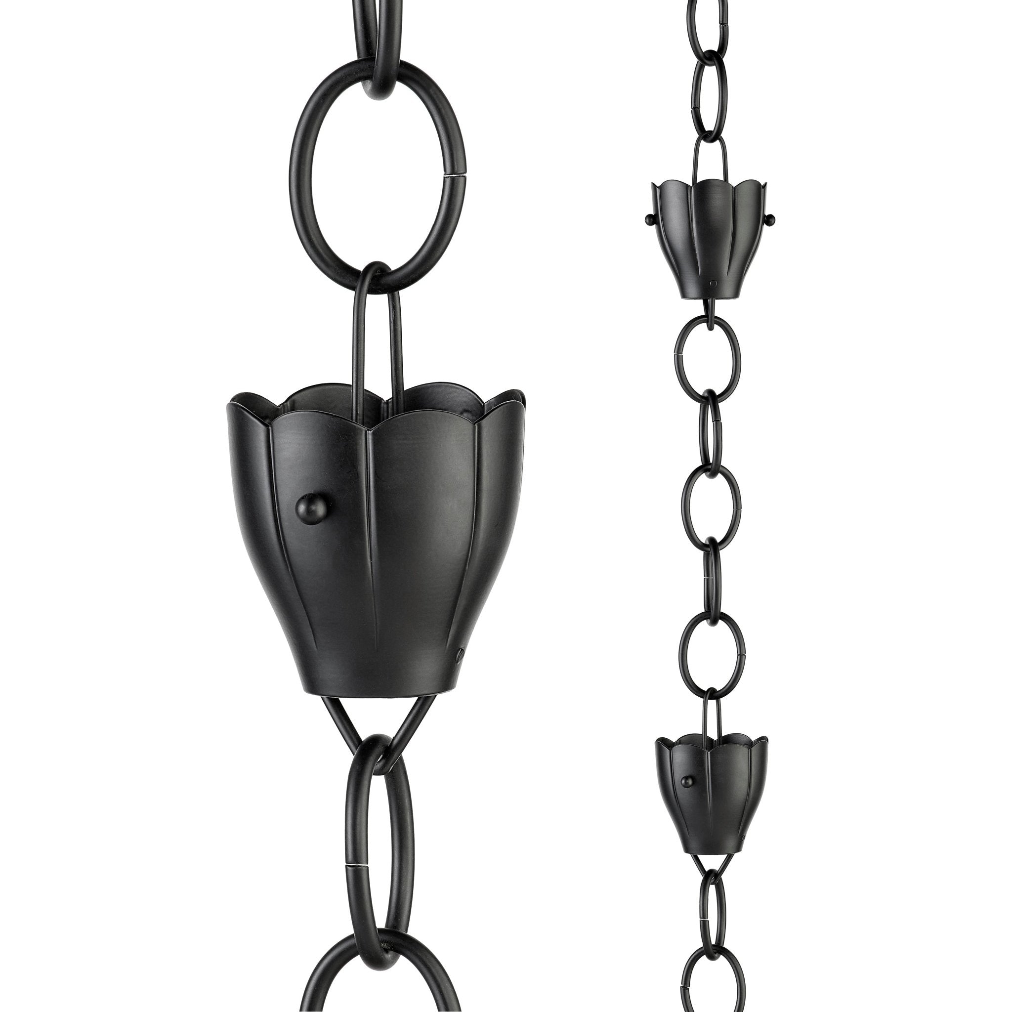 Black Crocus Rain Chain 8.5 ft with 6 Large Cups - Perfect for Garden Downspout Drainage & Outdoor Waterfall Decor