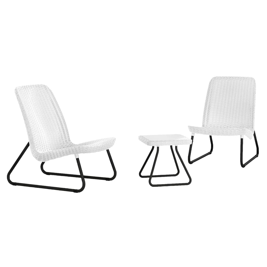 Keter Rio Outdoor Garden or Terrace Set - 2 Chairs & Table, Resin with Rattan Finish, White - Perfect for Patio, Deck, or Backyard Relaxation