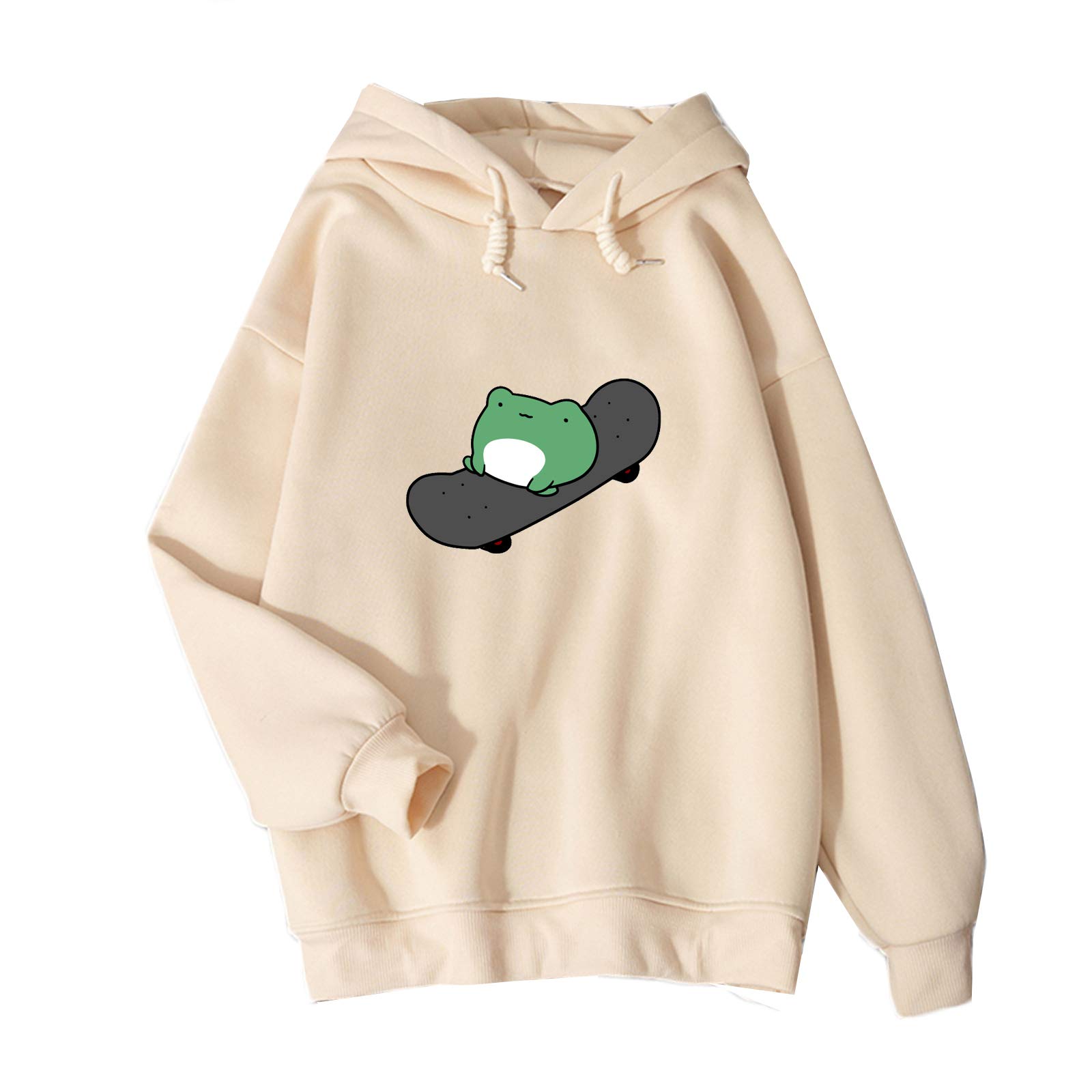 Women's Cute Skateboarding Frog Print Long Sleeve Hoodie - Soft Pullover Sweatshirt for Casual Wear, Street Style & Outdoor Activities