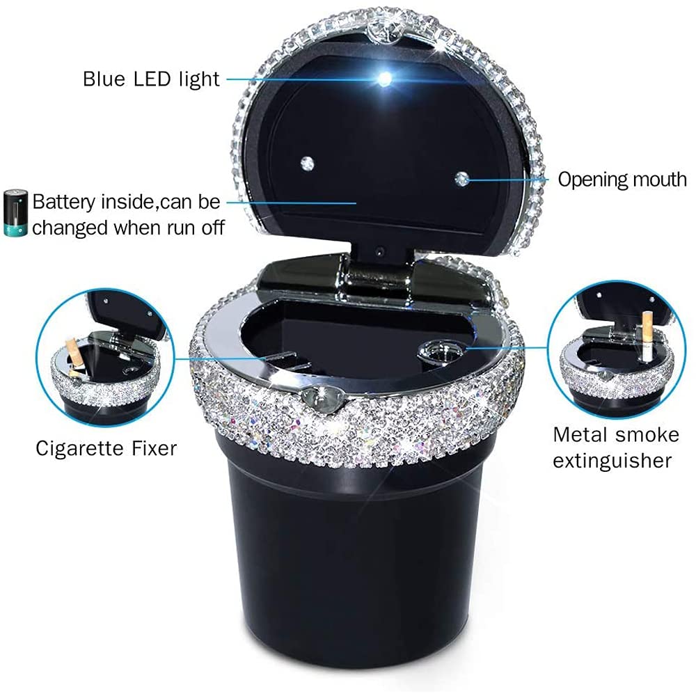 Bling Car Ashtray - Portable Luxury Crystal Cigarette Ashtray with Smell-Proof Lid, LED Light, Diamond Car Accessories - Perfect Gift for Women & Girls - Ideal for Car, Office, Home, Travel, and Outdoor Use (Red)