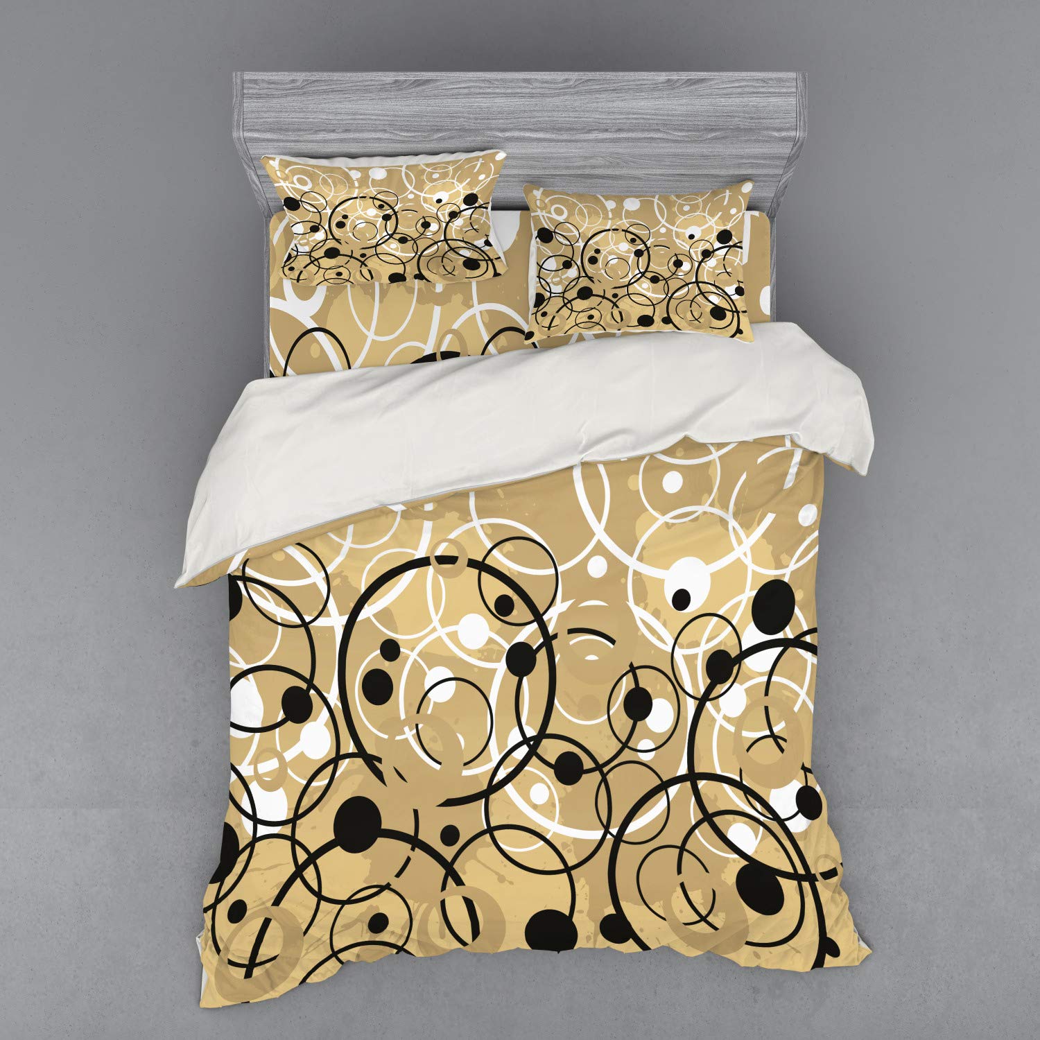 Ambesonne Tan Bedding Set - Queen Size 4-Piece Duvet Cover with Shams & Fitted Sheet, Retro Grunge Circles & Dots Print in Black White Tan | Boho Chic Bedroom Decor for Teens & Adults