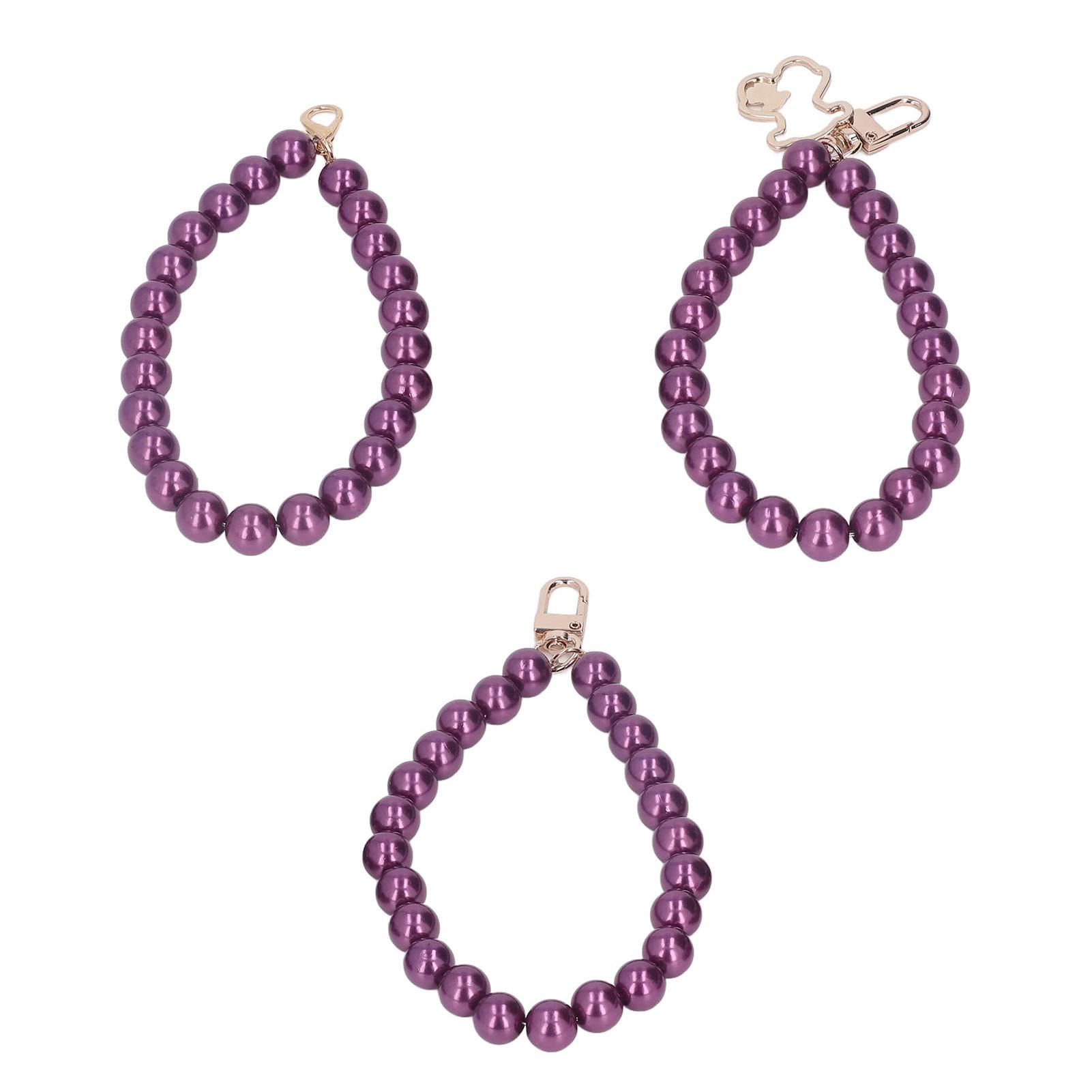 Elegant Purple Pearl Beads Bracelet - Glossy Round Pearl Phone Chain & Keychain for Bags | 3 Stylish Designs for Mobile Phone Accessories | Perfect Gift for Women, Fashion Jewelry for Everyday Use