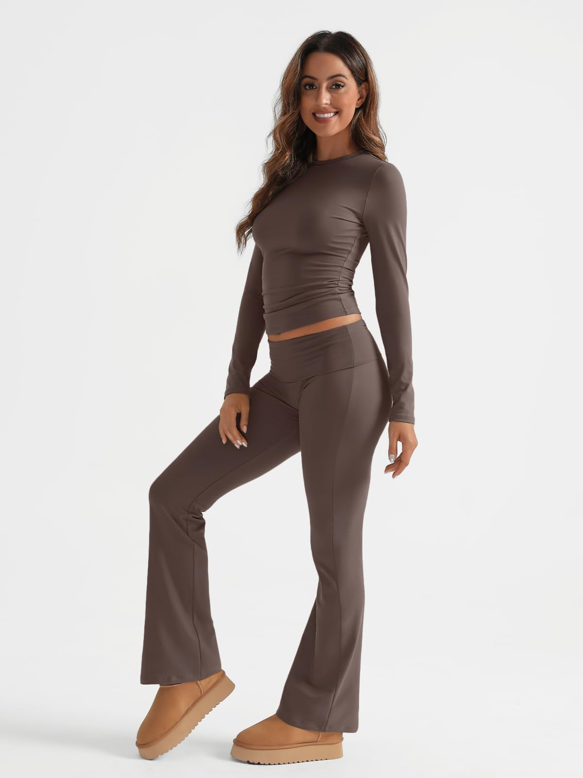 Trendy Queen Women's 2-Piece Lounge Set - Long Sleeve Shirt & Fold-Over Yoga Pants | Soft Comfort Outfit for Home, Workout & Casual Wear | Perfect for Yoga, Running Errands & Relaxing at Home
