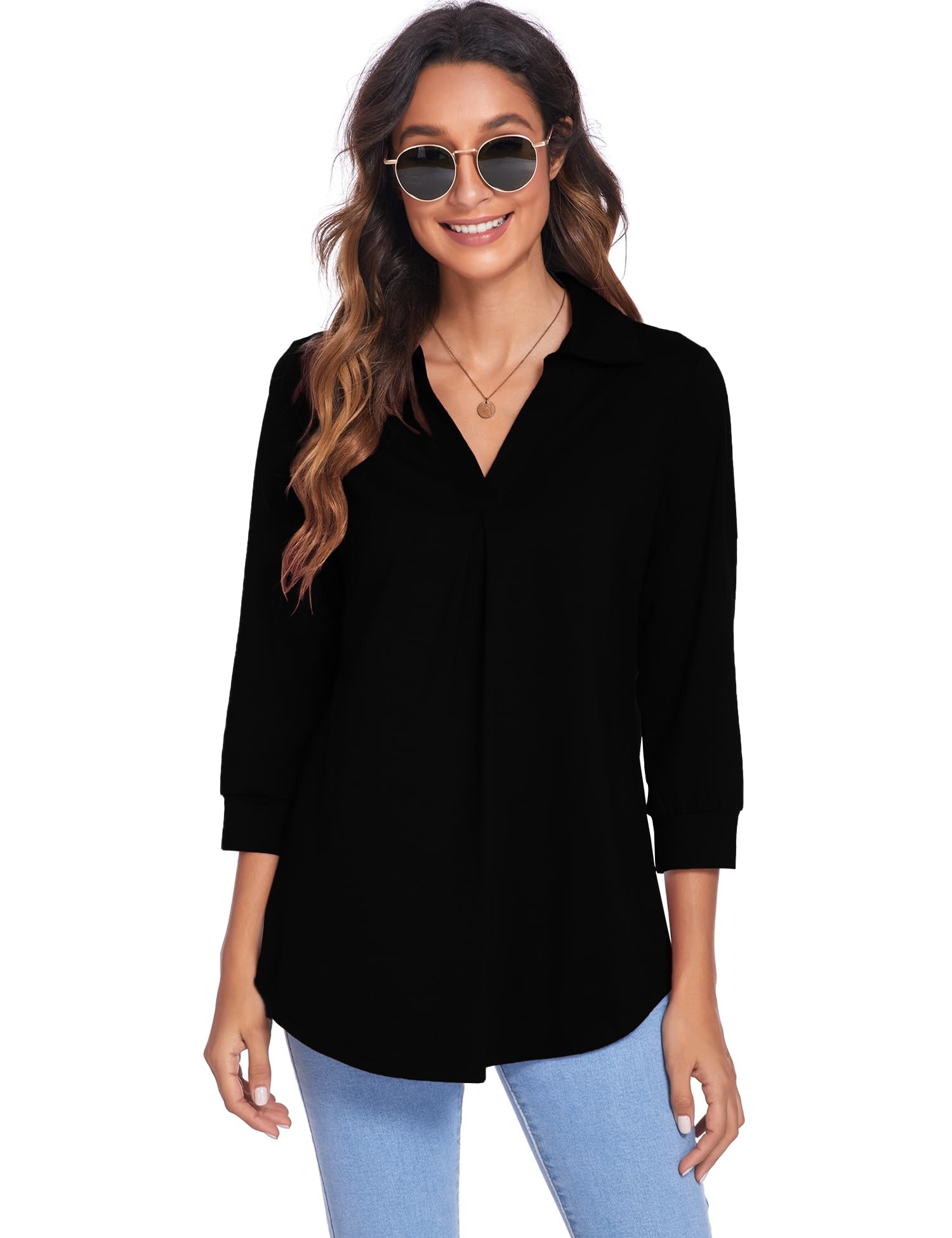 Newchoice Women's Collared V-Neck 3/4 Sleeve Blouse - Business Casual Tops, Loose Fit Work Shirts (S-3XL) for Office, Meetings & Professional Occasions