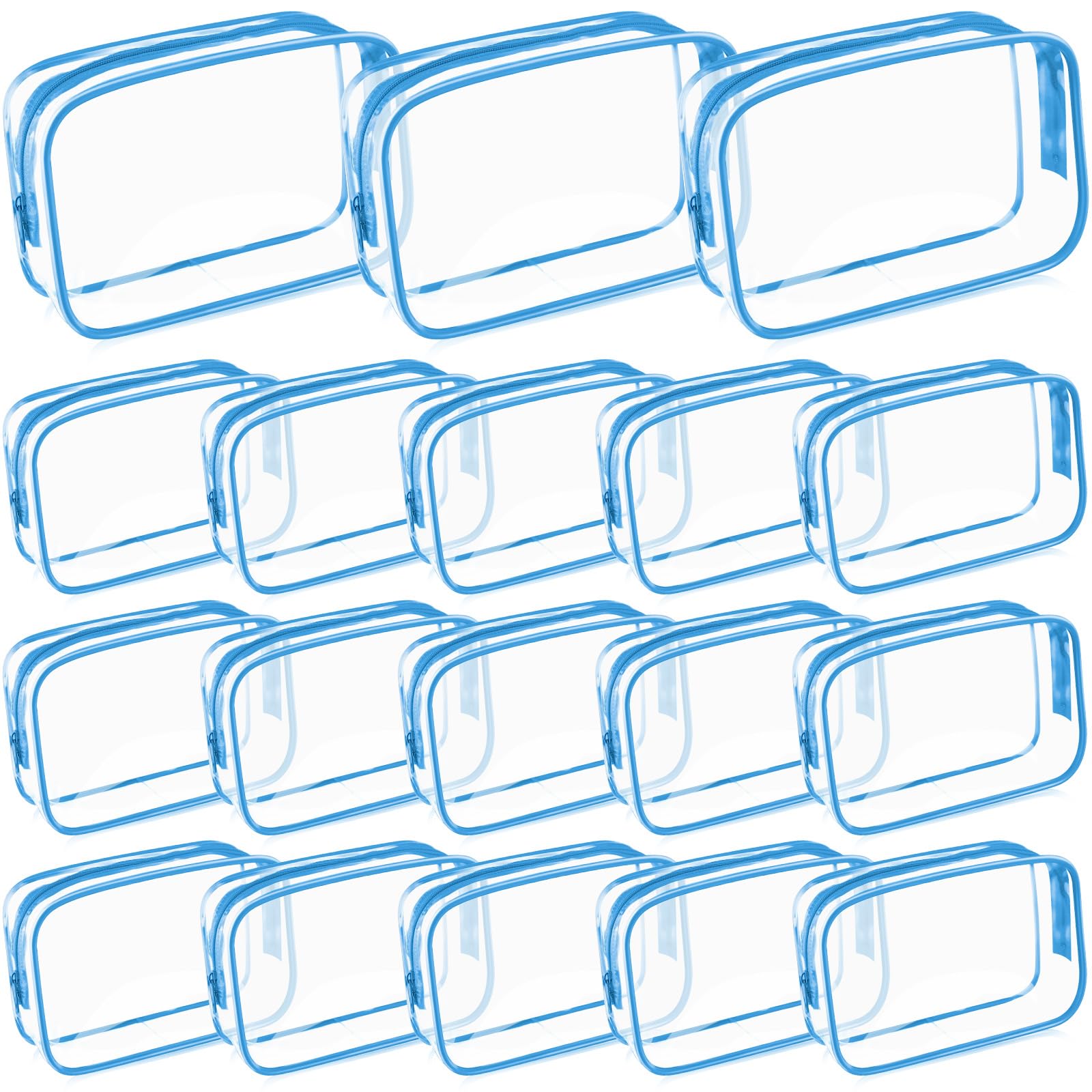 Saintrygo 18 Pack Clear Makeup Bags 7x5 Inch - PVC Cosmetic Travel Organizer with Zipper - Waterproof Toiletry Pouches for Women & Men - Perfect for Travel, Vacation, Bathroom Storage (Clear with Blue Border)