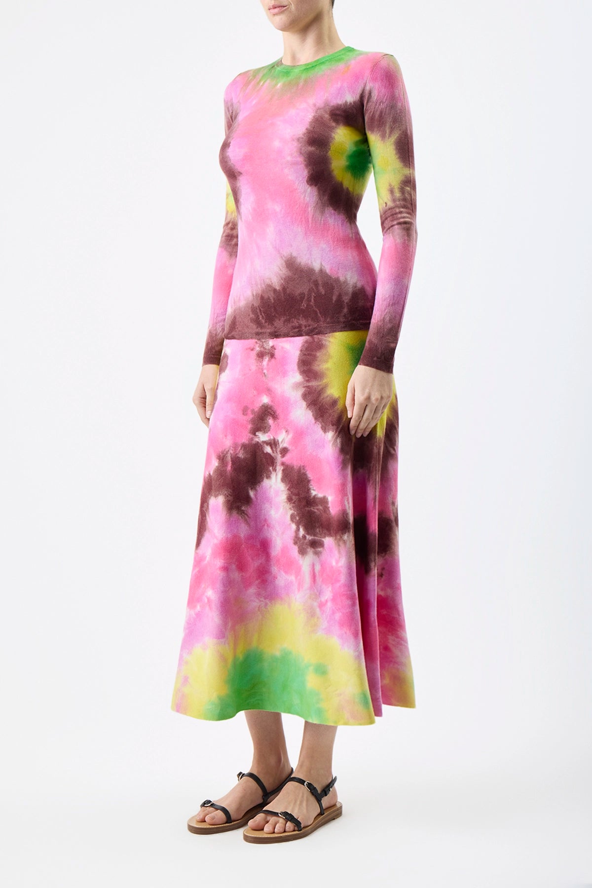 Olive Knit Midi Skirt in Multi Tie Dye Cashmere - Women's Boho Chic Skirt for Casual Outfits, Date Nights & Fall Fashion