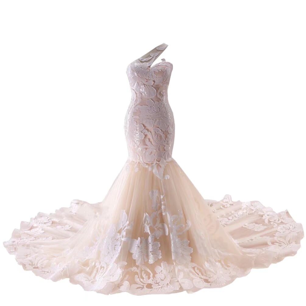 Elegant White Lace Mermaid Wedding Dress with One Shoulder & Long Train – Perfect for Bridal, Evening Gowns & Formal Events
