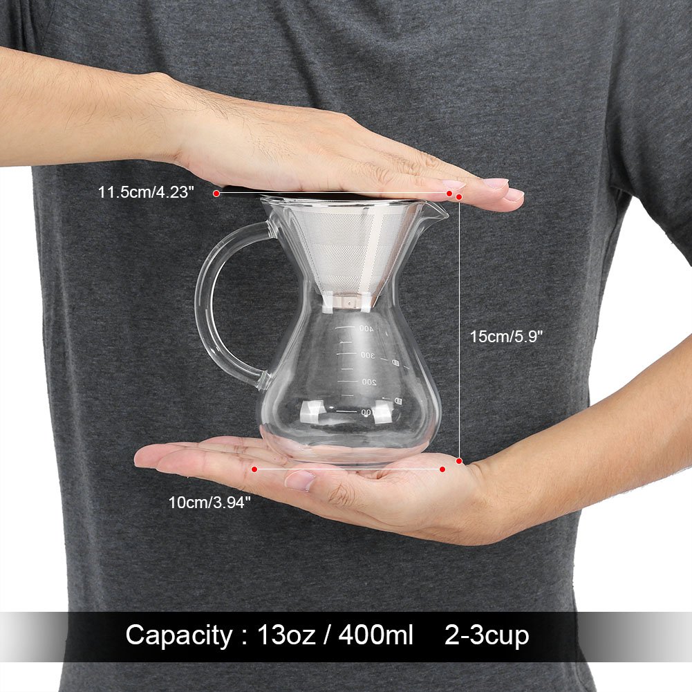 Hakeeta 400ml Pour Over Coffee Maker - Glass Dripper with Reusable Stainless Steel Filter | Manual Brewing for Home, Office & Camping | Perfect for Specialty Coffee Lovers