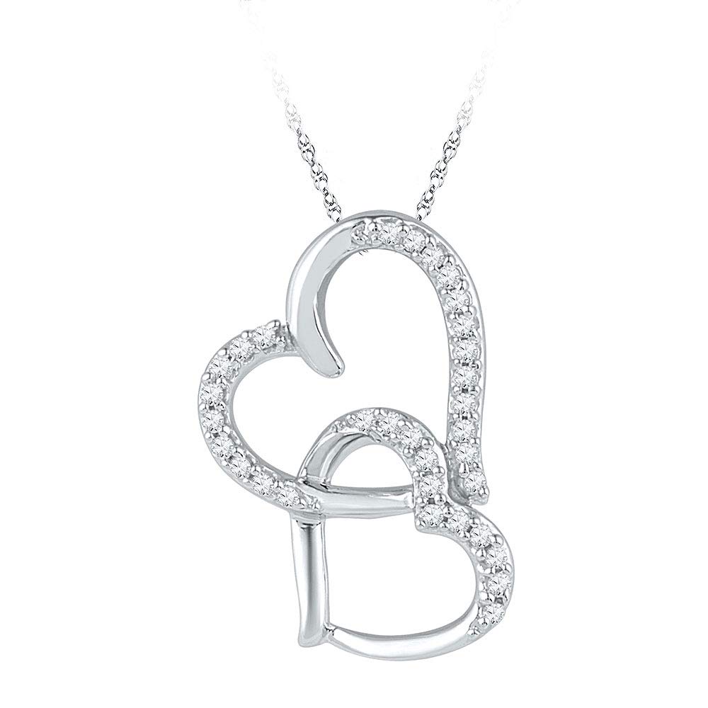 10K White Gold Women's Round Diamond Double Heart Pendant Necklace - 1/10 CTTW Elegant Jewelry Gift for Her - Perfect for Anniversaries, Valentine's Day & Special Occasions