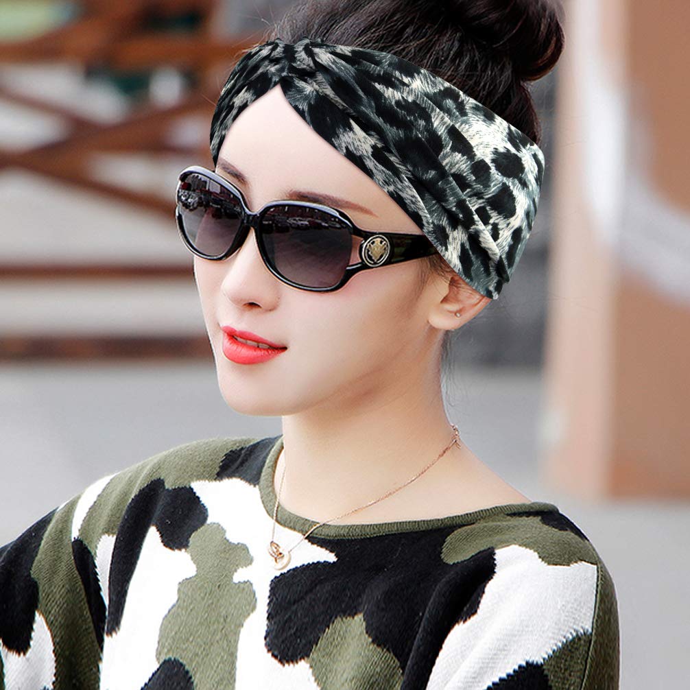6-Piece Camo Leopard Print Elastic Headbands - Stretchy Bow Hairbands & Turban Twisted Head Wraps for Women & Girls - Perfect for Running, Sports, Travel & Workouts - Fashionable Hair Accessories for Gym, Yoga & Outdoor Activities