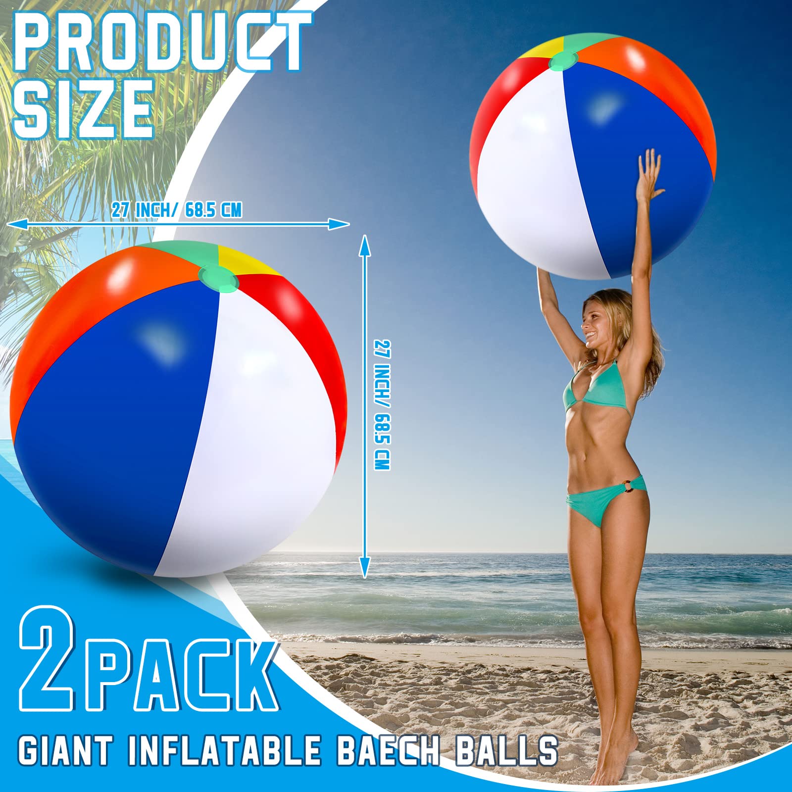 27 Inch Giant Inflatable Rainbow Beach Balls - 2 Pack Large Pool Toys for Summer Water Games, Swimming Parties & Outdoor Beach Activities