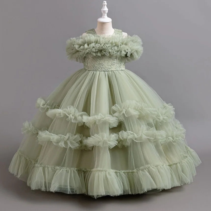 Girls Puff Sleeve Off Shoulder Princess Dress with Bow & Mesh Skirt - Elegant Party Dress for Kids 4-12 Years | Perfect for Birthday Parties, Pageants & Special Occasions