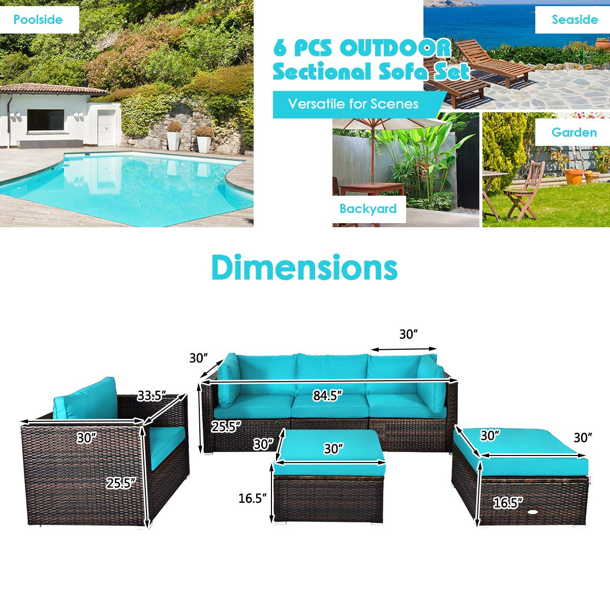 HappyGrill 6-Piece Patio Conversation Set - Outdoor Rattan Wicker Sectional Sofa with Cushions, Coffee Table & Ottoman - Perfect for Backyard, Garden, Poolside & Deck Relaxation