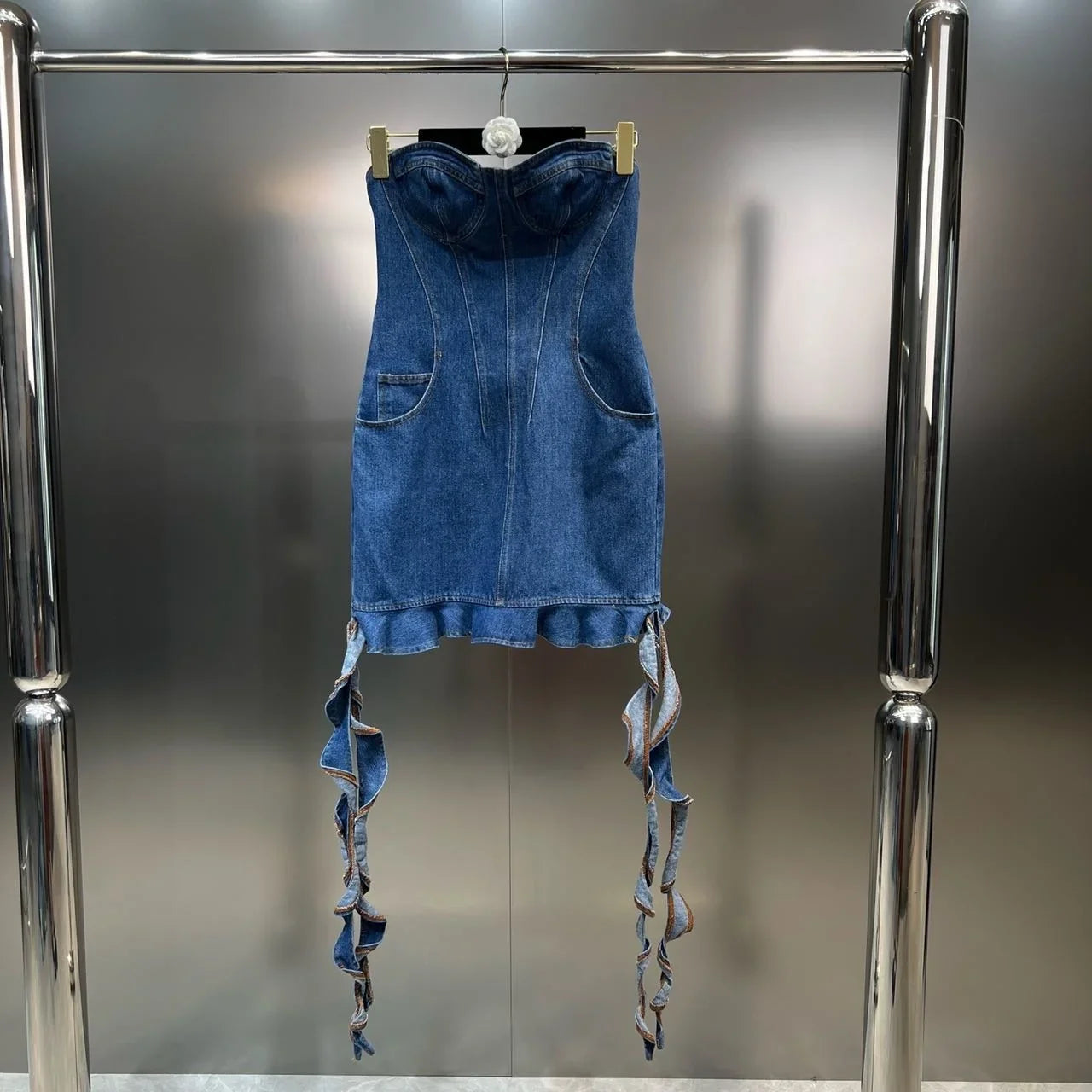 Trendy Strapless Denim Dress for Women with Waist Pocket & Spiral Decoration - Back Zipper Spring Fashion | Casual Outing, Date Night, Summer Party Wear