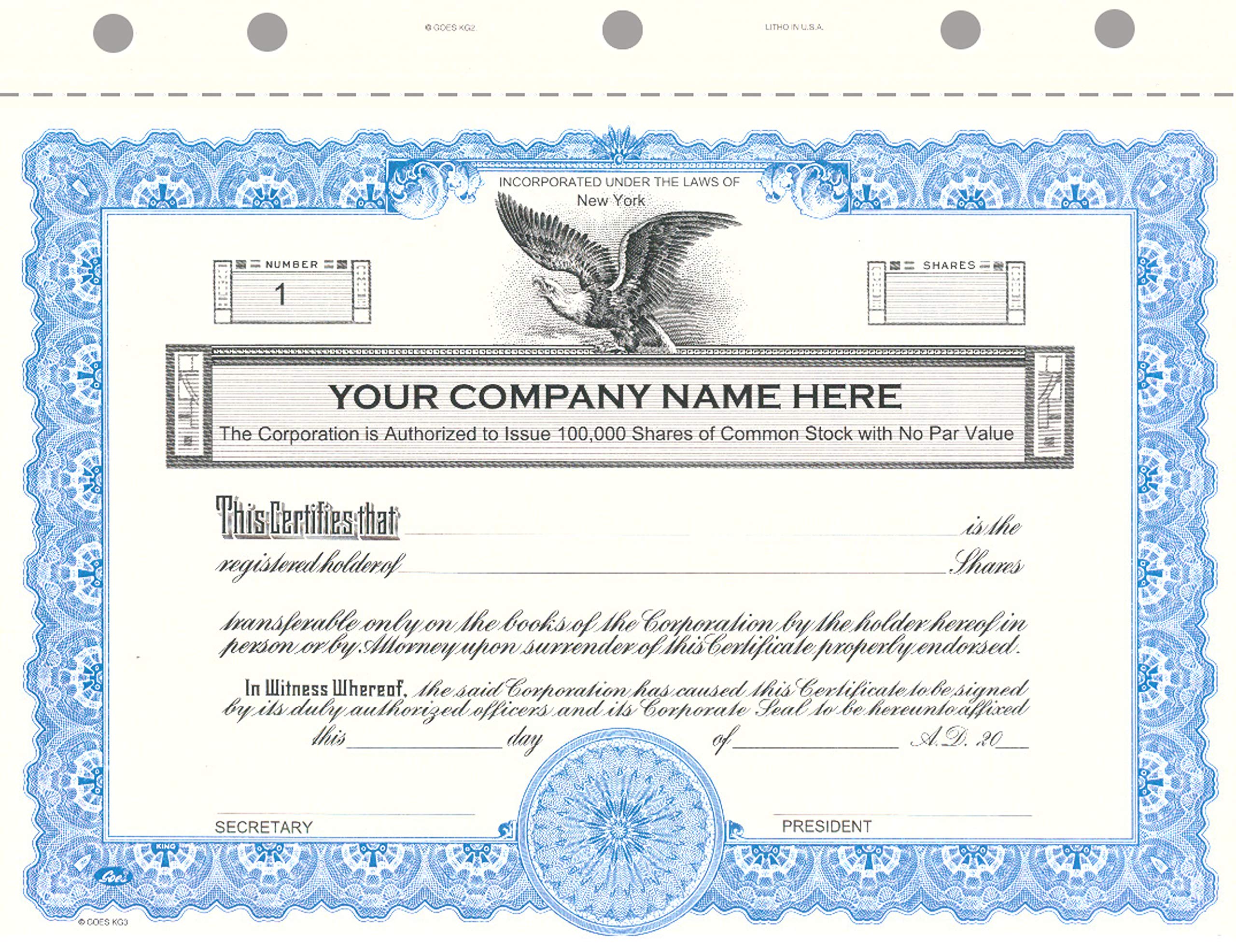 Custom Printed Stock Certificates KG3 - 15-Pack Blue Business Shares for Corporate Records & Investor Presentations | Perfect for Startups, LLCs & Board Meetings