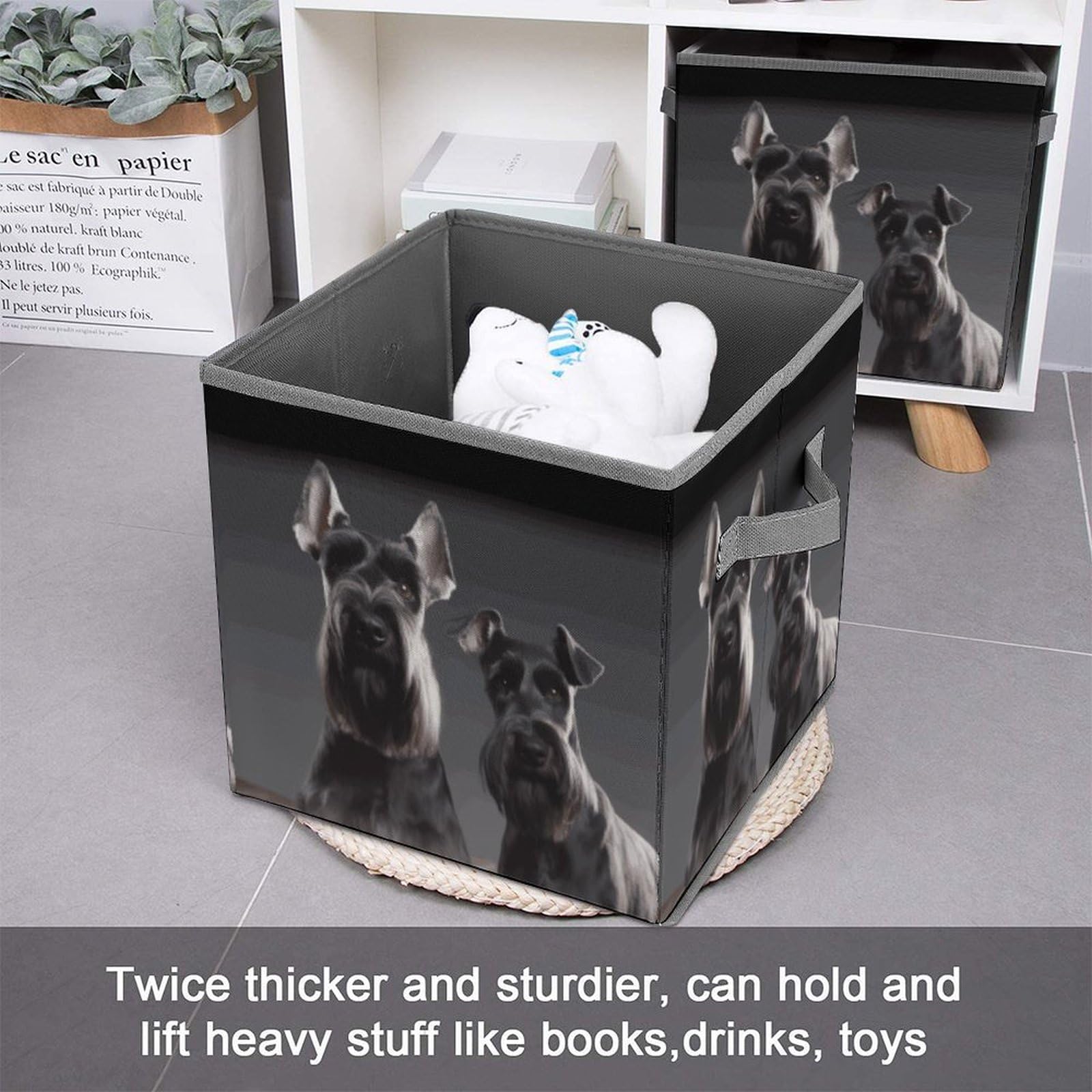 10.6 Inch Collapsible Storage Bins with Handles - Foldable Fabric Organizer Bins for Closet, Shelves, Office & Toys | Cute Schnauzer Dog Design | Perfect for Home Organization, Kids Room & Pet Supplies Storage