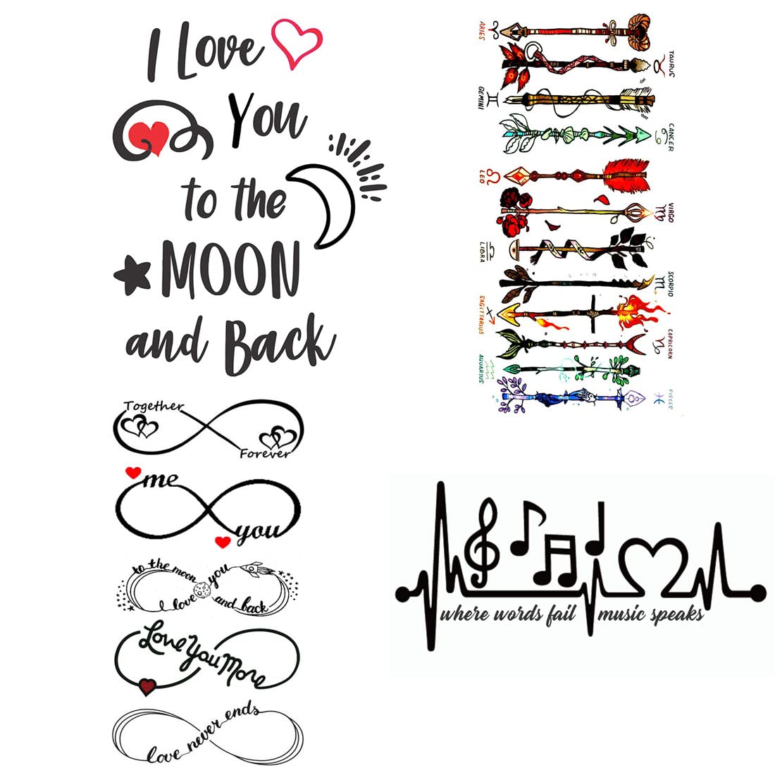 Premium Temporary TattooWala Line Art Infinity Designs - Pack of 4 Waterproof Body Stickers for Men & Women (2x4 Inch) - Perfect for Festivals, Parties & Self-Expression